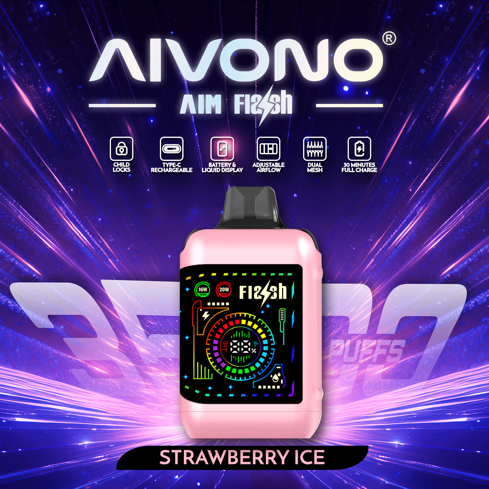 AIM Flash 35000 Puffs Disposable Vape – 28ml E-liquid, 650mAh Rechargeable, Dual Mesh 1.0Ω, Type-C, LED Display1