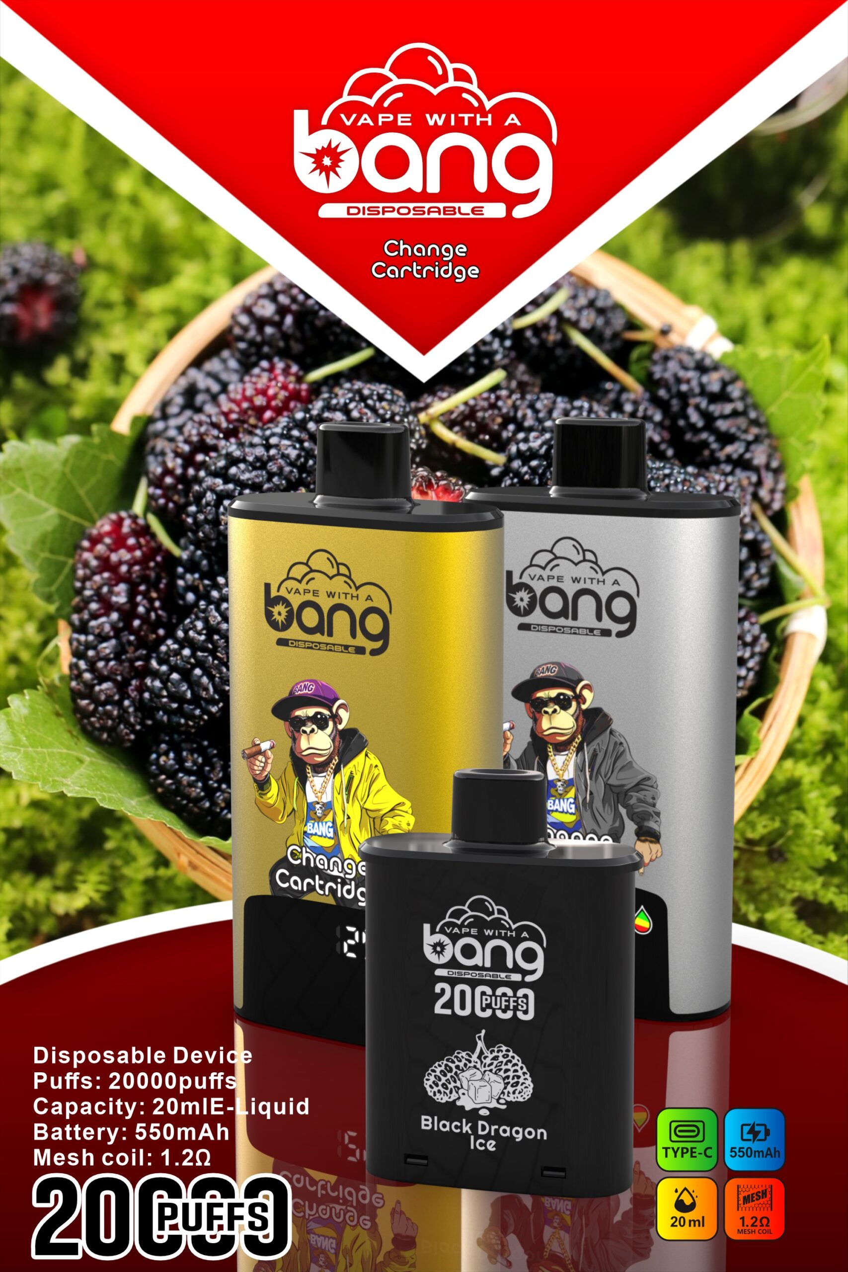 BANG 20000 Puffs Disposable Vape – 20ml, Type-C, 550mAh, Compact & Lightweight Design1