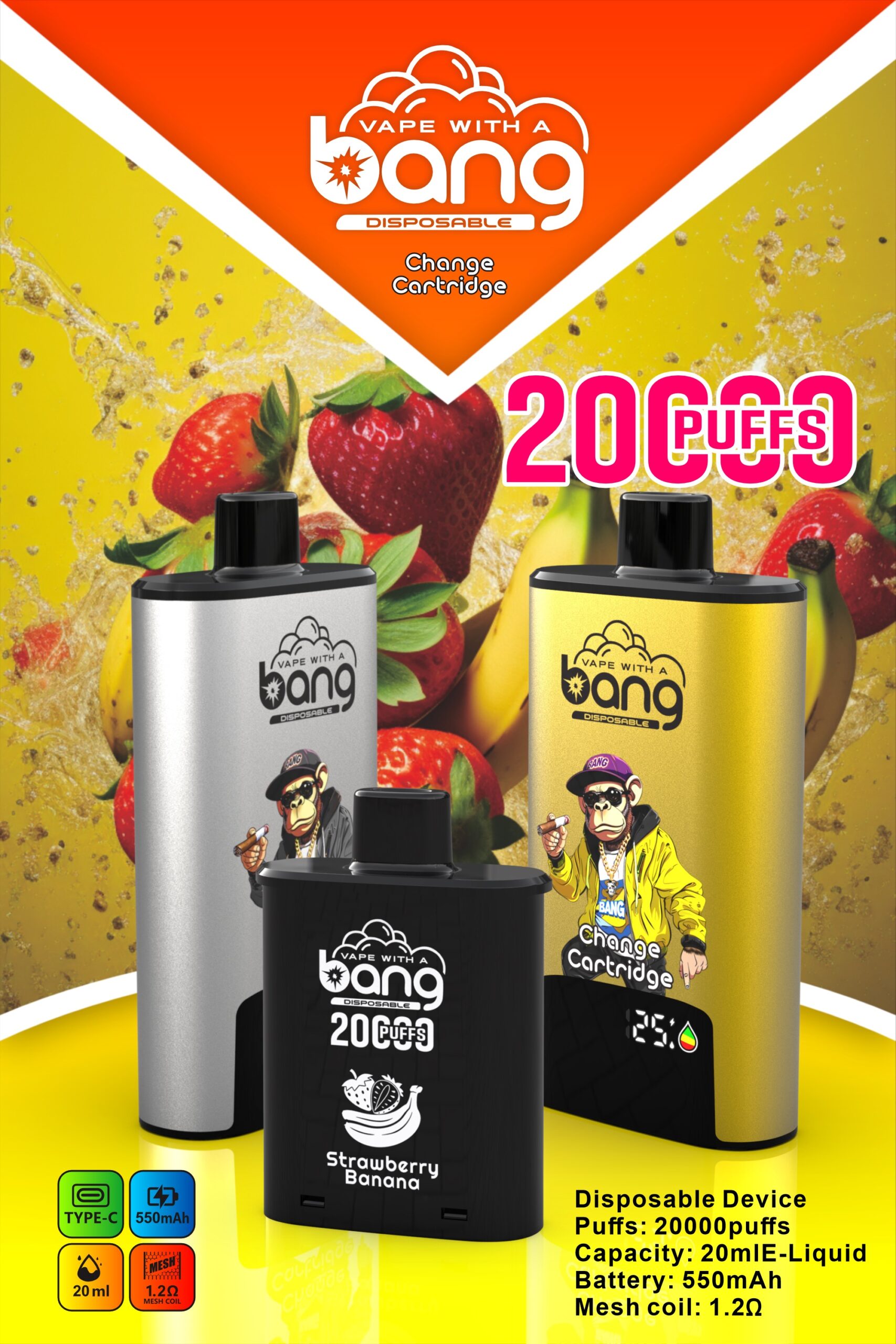 BANG 20000 Puffs Disposable Vape – 20ml, Type-C, 550mAh, Compact & Lightweight Design1