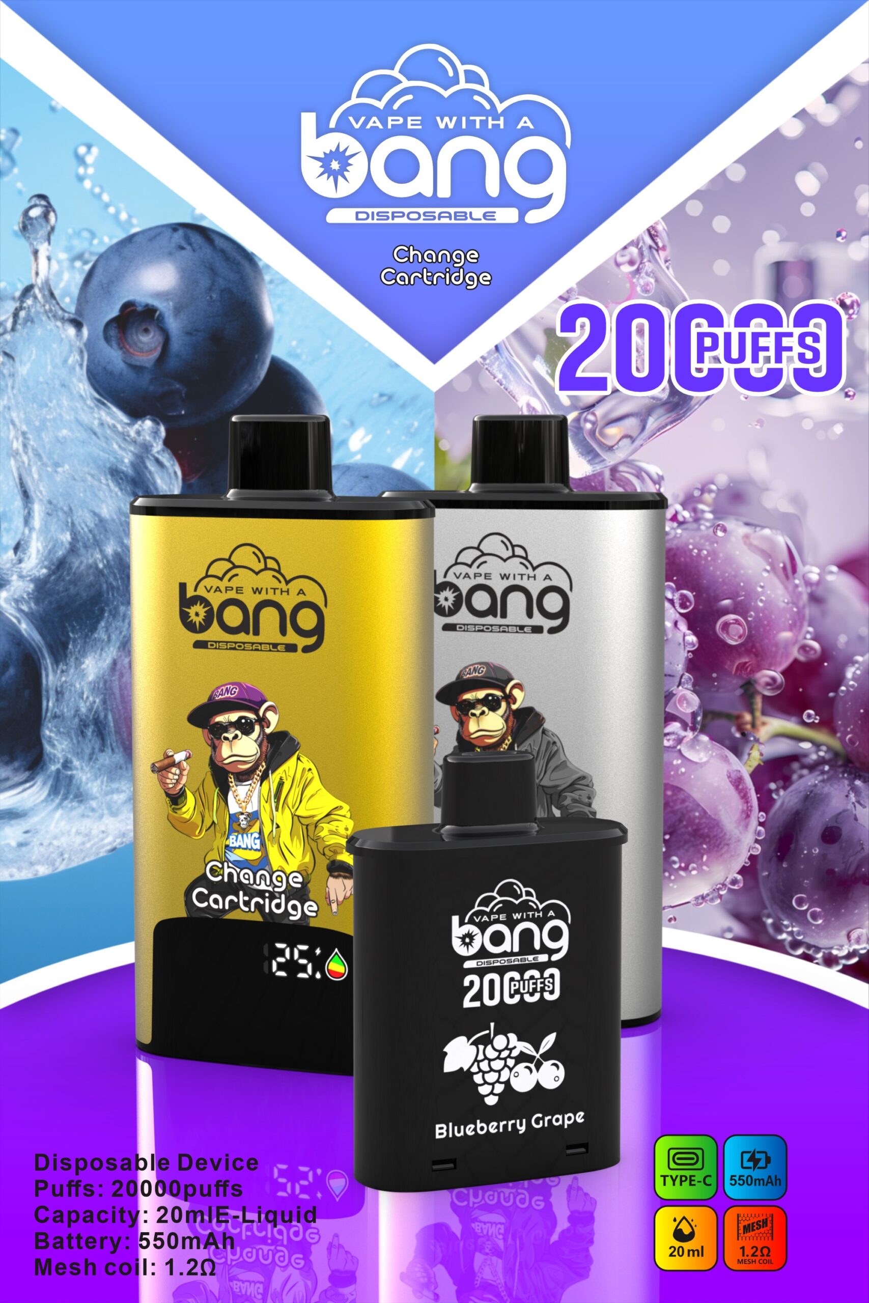 BANG 20000 Puffs Disposable Vape – 20ml, Type-C, 550mAh, Compact & Lightweight Design1