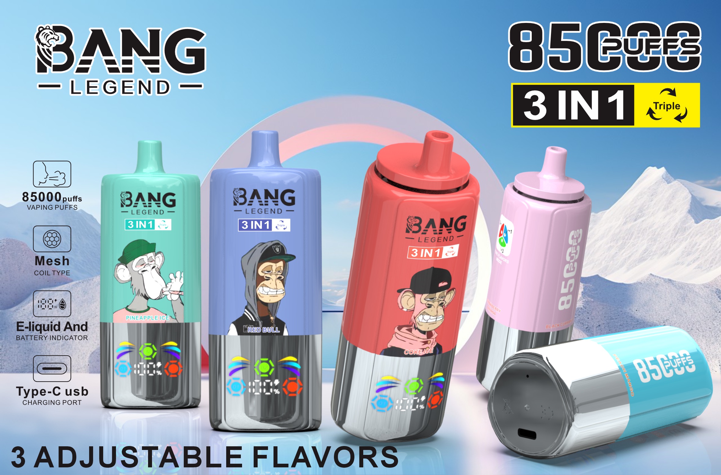 BANG 85000 Puffs Disposable Vape – 3-in-1 Adjustable Flavors, 850mAh, Type-C, Mesh Coil1