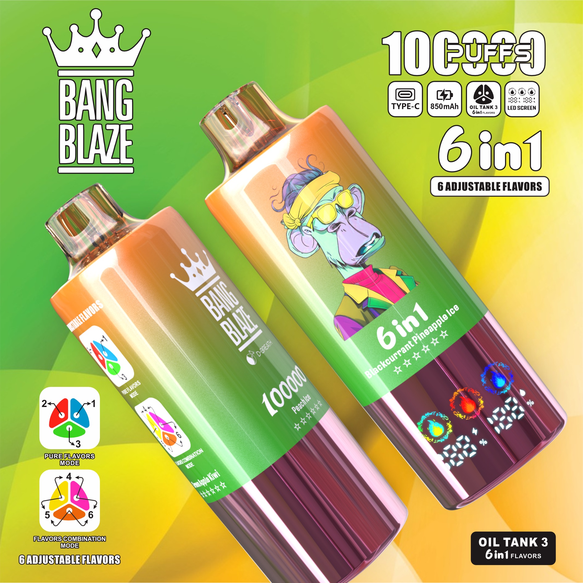 BANG BLAZE 100000 Puffs Disposable Vape – 10 Flavors in One, 850mAh, Type-C, Mesh Coil1