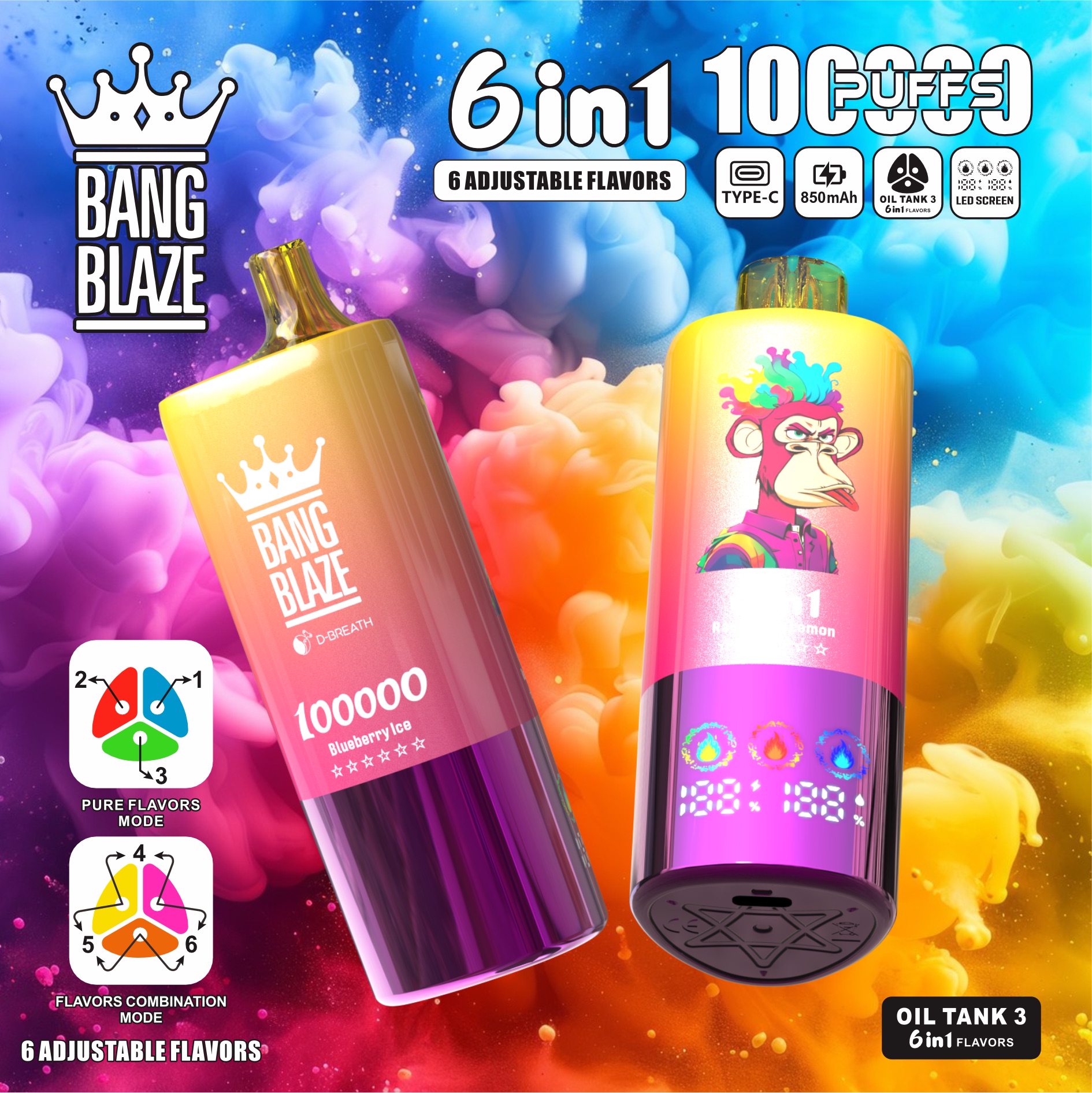BANG BLAZE 100000 Puffs Disposable Vape – 10 Flavors in One, 850mAh, Type-C, Mesh Coil1