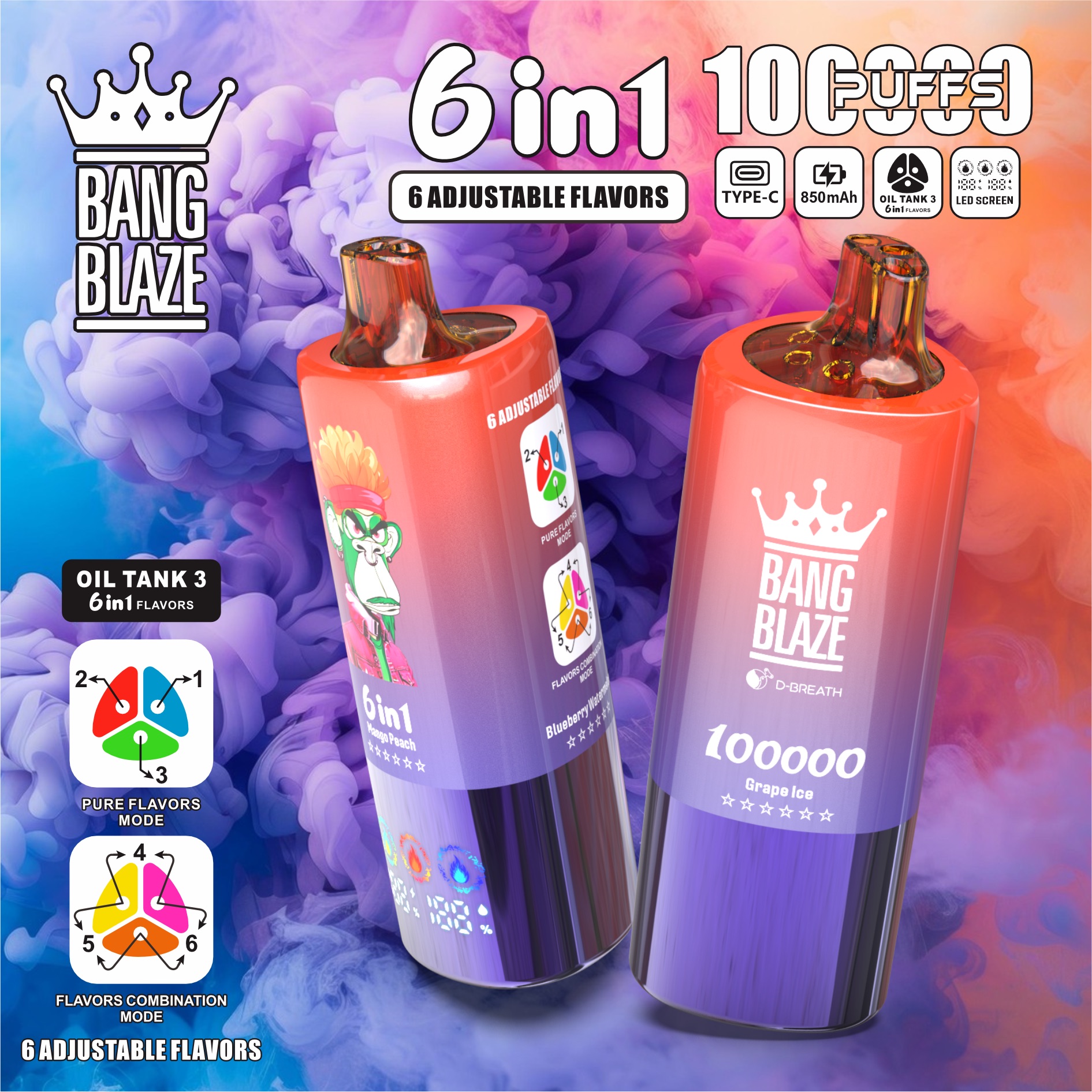 BANG BLAZE 100000 Puffs Disposable Vape – 10 Flavors in One, 850mAh, Type-C, Mesh Coil1