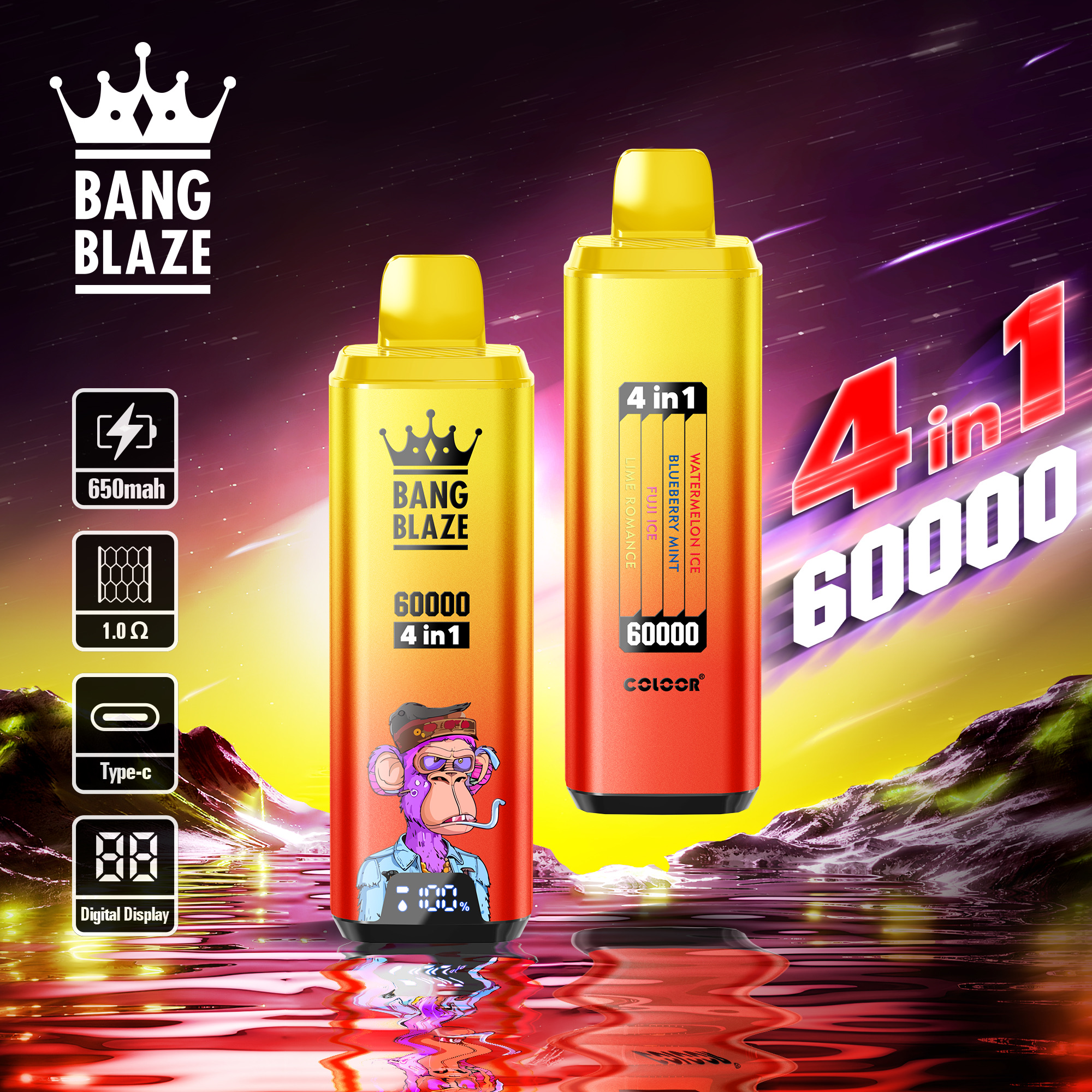 BANG BLAZE 60000 Puffs Disposable Vape – 4-in-1, 56ml, 650mAh, Type-C Charging, Multi-Flavor1