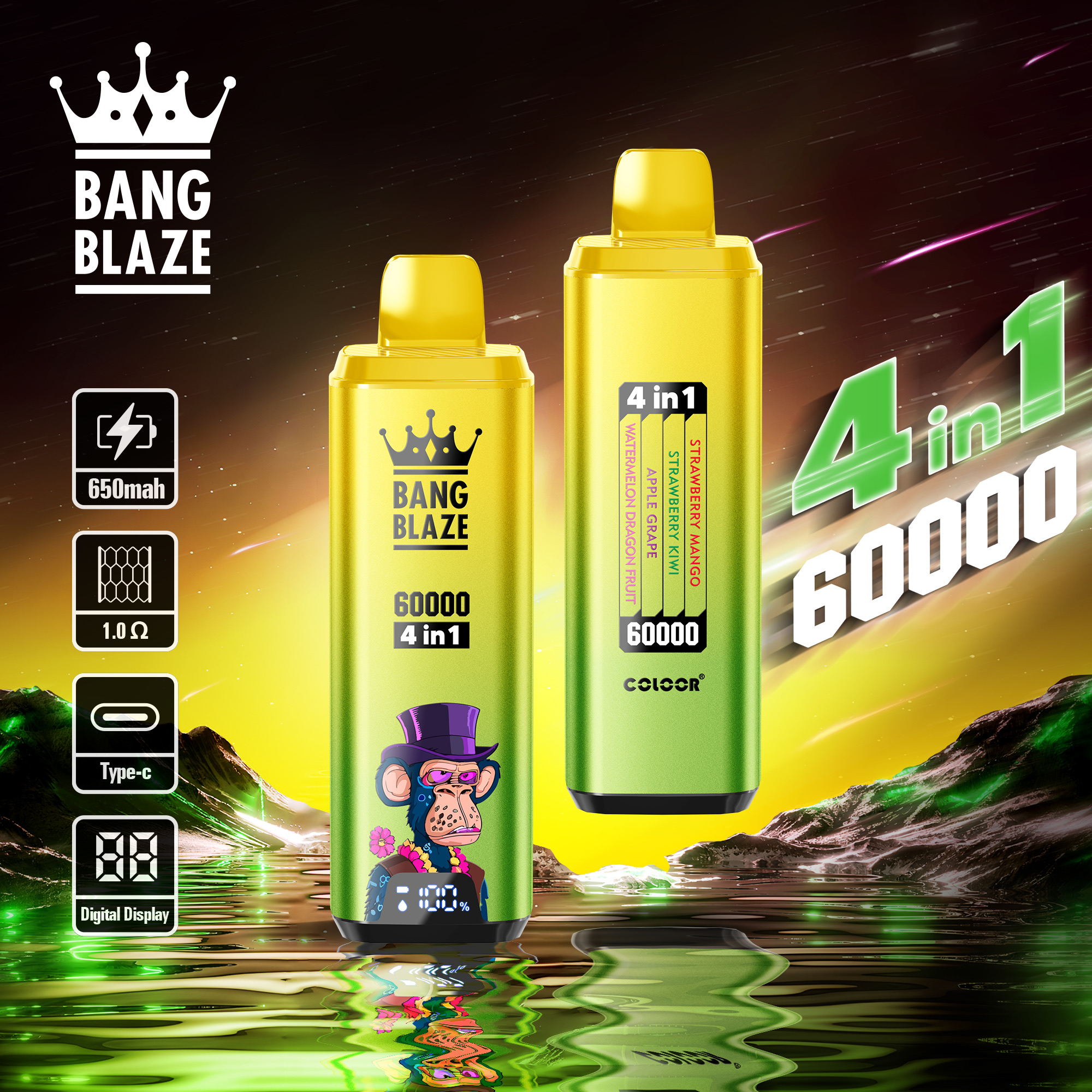 BANG BLAZE 60000 Puffs Disposable Vape – 4-in-1, 56ml, 650mAh, Type-C Charging, Multi-Flavor1