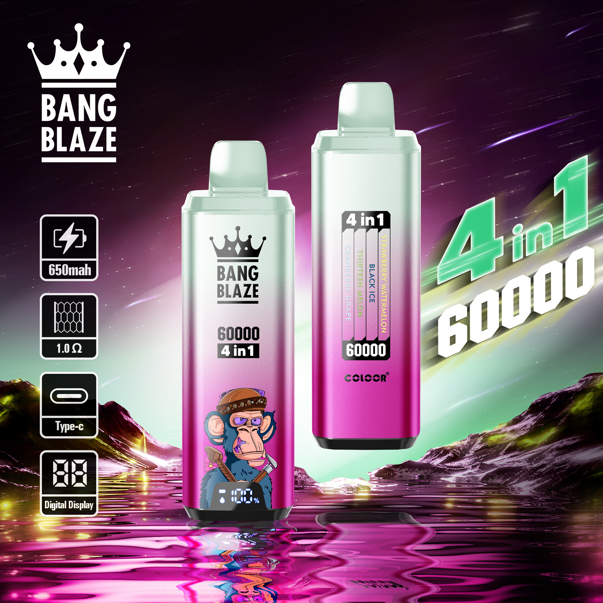 BANG BLAZE 60000 Puffs Disposable Vape – 4-in-1, 56ml, 650mAh, Type-C Charging, Multi-Flavor1