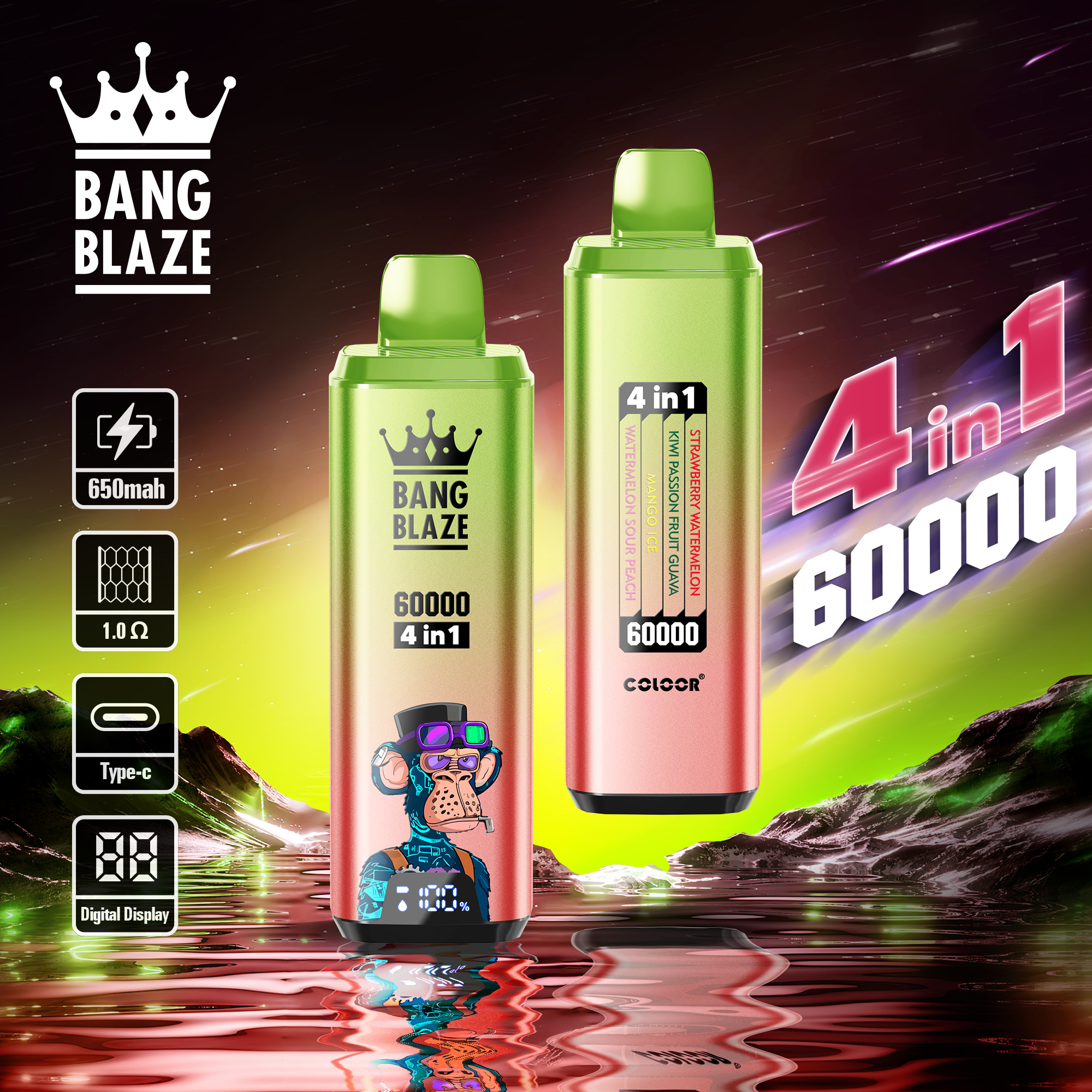 BANG BLAZE 60000 Puffs Disposable Vape – 4-in-1, 56ml, 650mAh, Type-C Charging, Multi-Flavor1