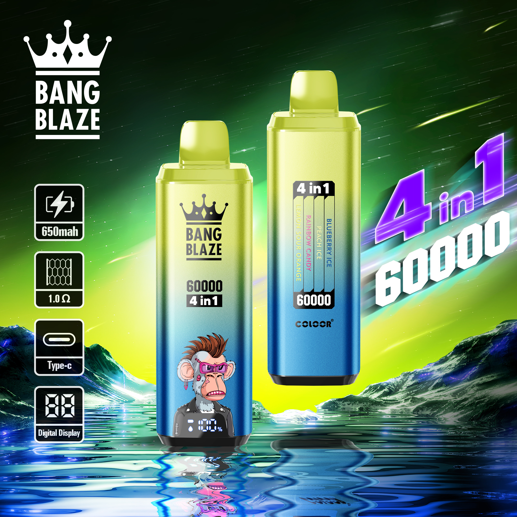 BANG BLAZE 60000 Puffs Disposable Vape – 4-in-1, 56ml, 650mAh, Type-C Charging, Multi-Flavor1
