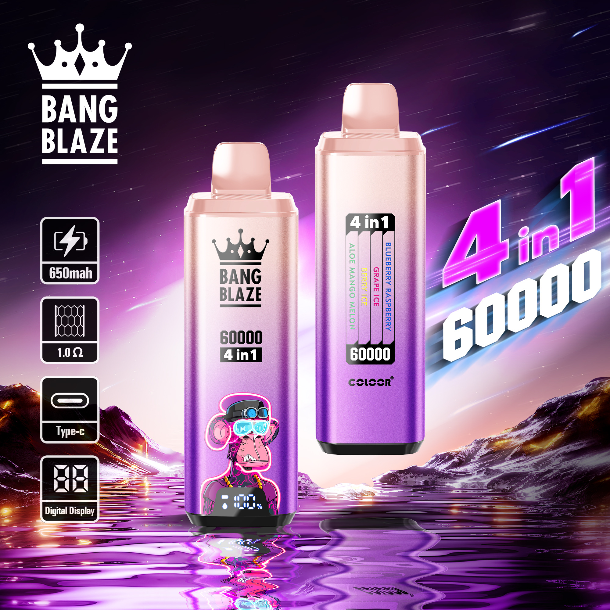 BANG BLAZE 60000 Puffs Disposable Vape – 4-in-1, 56ml, 650mAh, Type-C Charging, Multi-Flavor1