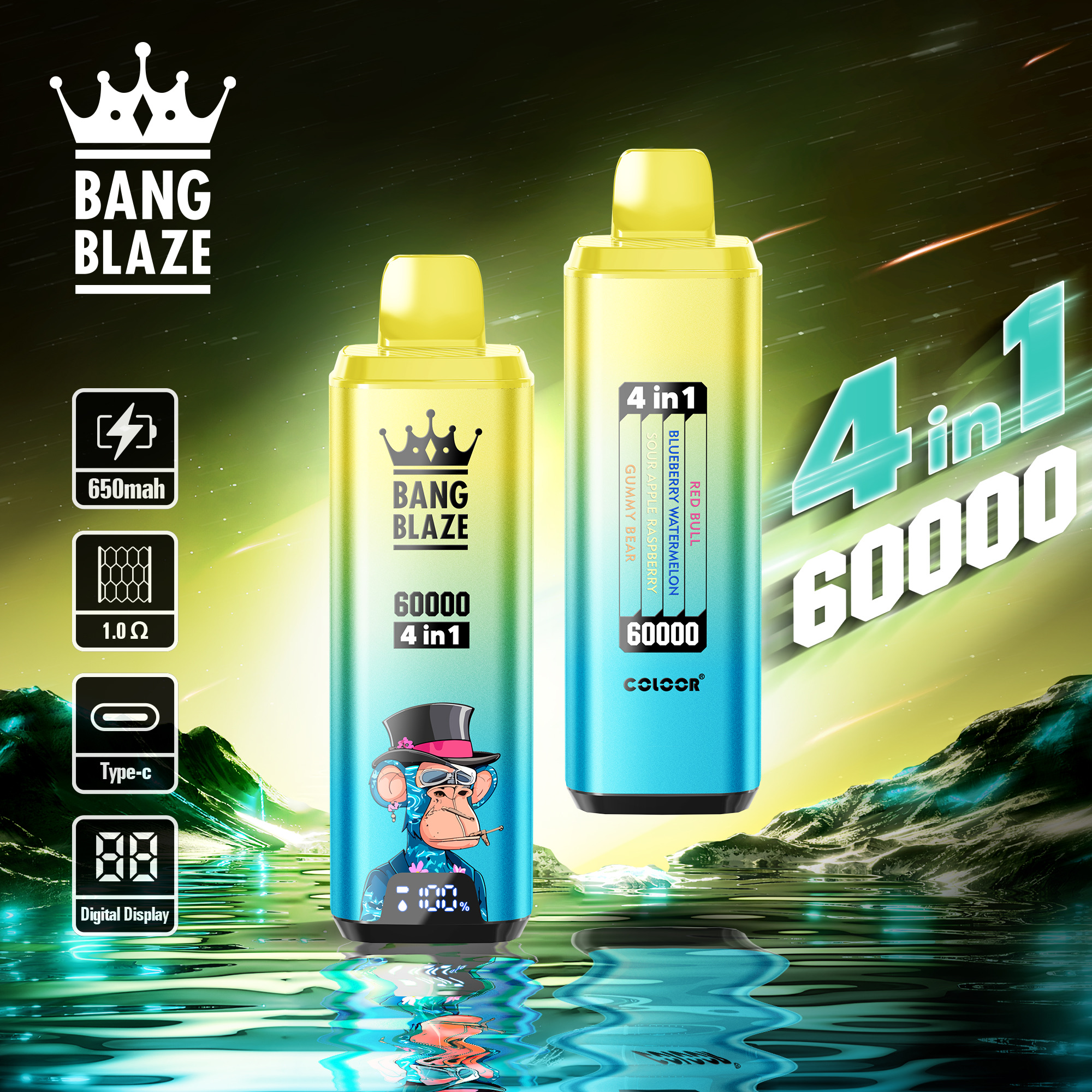 BANG BLAZE 60000 Puffs Disposable Vape – 4-in-1, 56ml, 650mAh, Type-C Charging, Multi-Flavor1