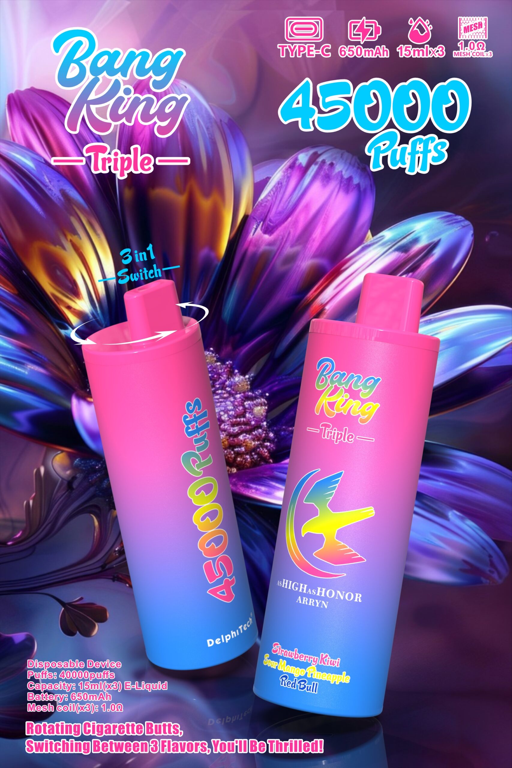 BANG KING 45000 Puffs Disposable Vape – 2x15ml Dual Tank, Rechargeable, 650mAh, 10 Flavors