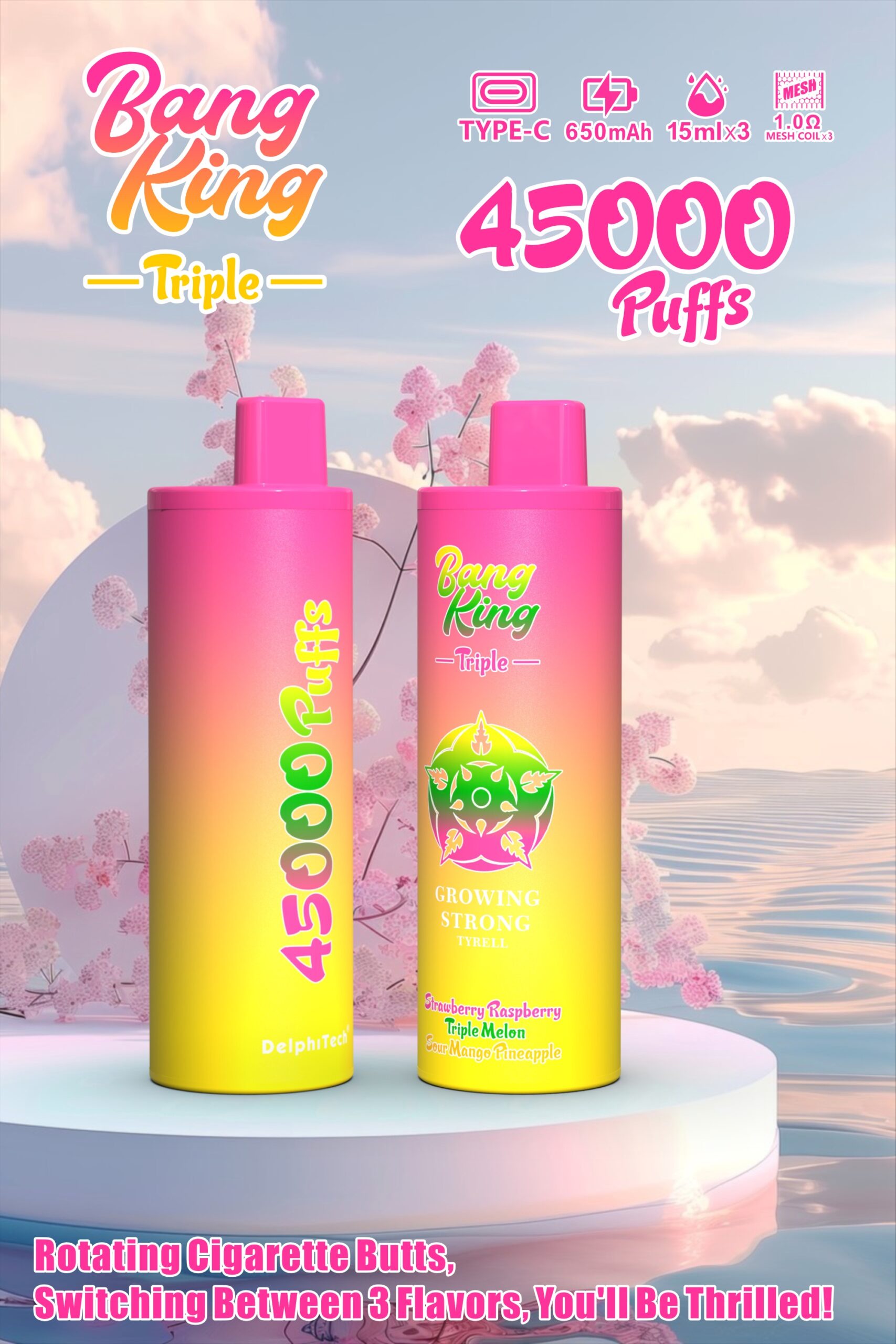 BANG KING 45000 Puffs Disposable Vape – 2x15ml Dual Tank, Rechargeable, 650mAh, 10 Flavors