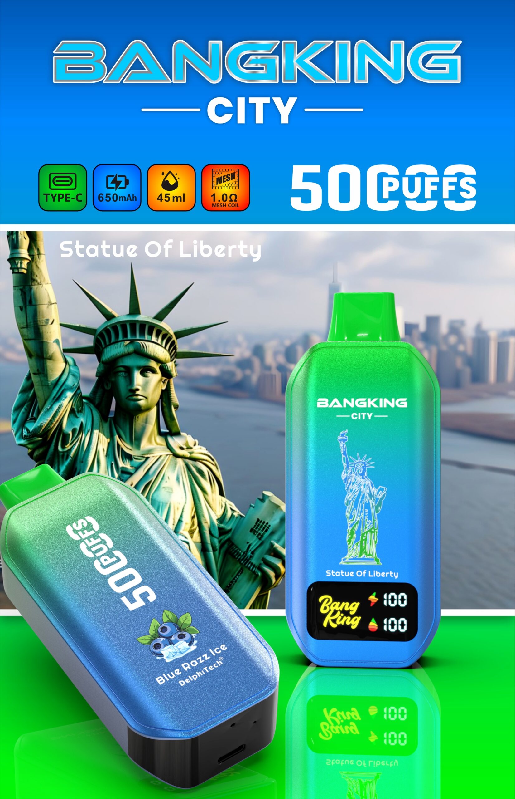 BANG KING CITY 50000 Puffs Disposable Vape – 45ml, Type-C Charging, 650mAh, 0–5% Nicotine, 12 Flavors1