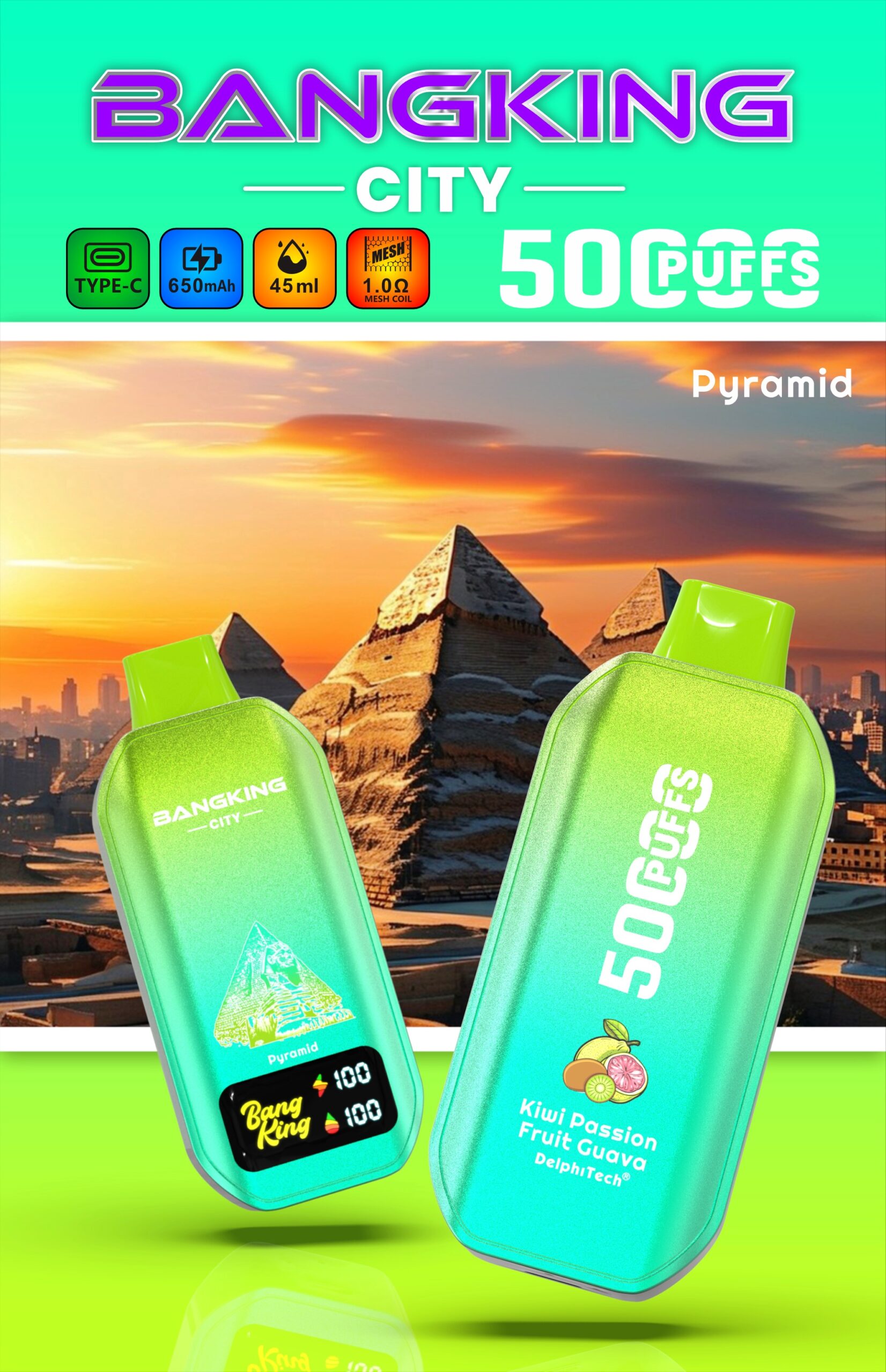 BANG KING CITY 50000 Puffs Disposable Vape – 45ml, Type-C Charging, 650mAh, 0–5% Nicotine, 12 Flavors1