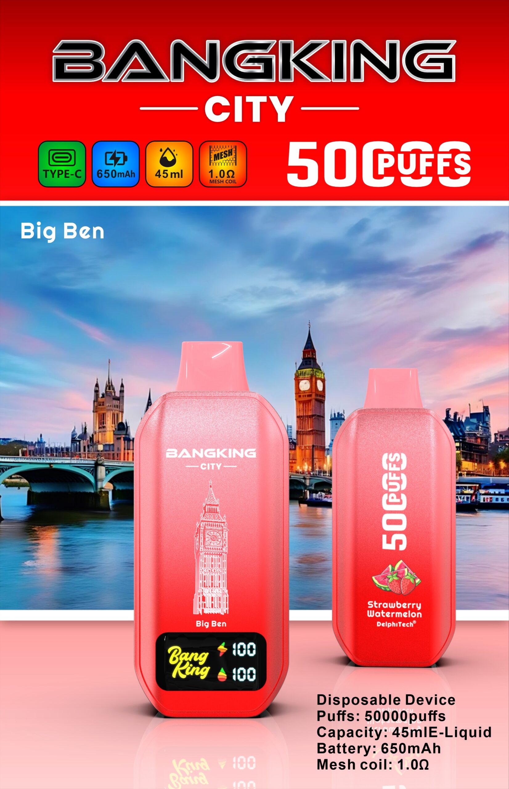 BANG KING CITY 50000 Puffs Disposable Vape – 45ml, Type-C Charging, 650mAh, 0–5% Nicotine, 12 Flavors1