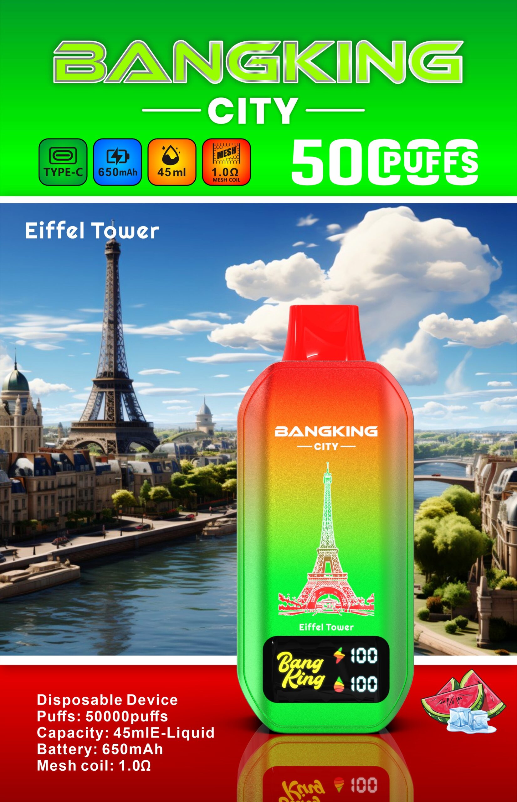 BANG KING CITY 50000 Puffs Disposable Vape – 45ml, Type-C Charging, 650mAh, 0–5% Nicotine, 12 Flavors1