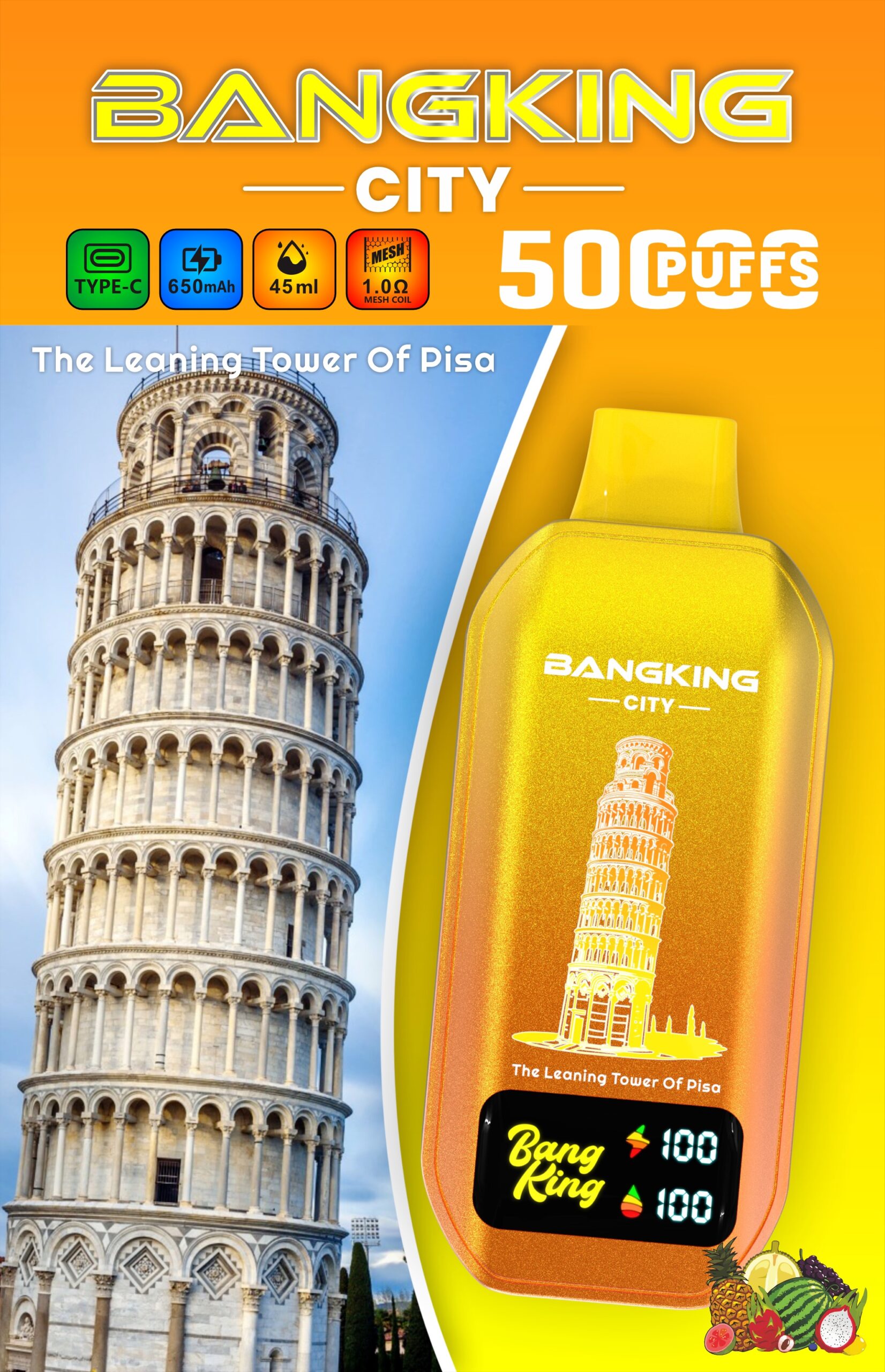 BANG KING CITY 50000 Puffs Disposable Vape – 45ml, Type-C Charging, 650mAh, 0–5% Nicotine, 12 Flavors1