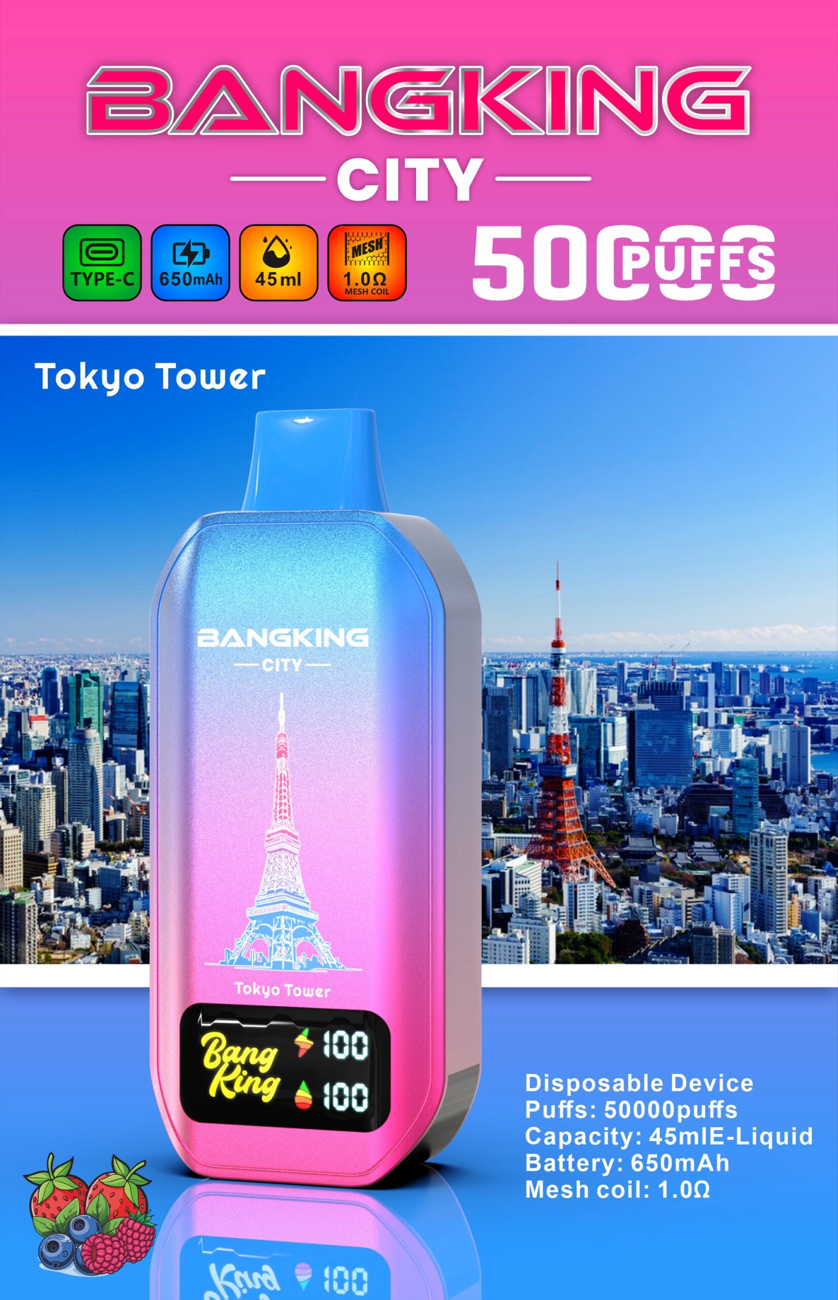 BANG KING CITY 50000 Puffs Disposable Vape – 45ml, Type-C Charging, 650mAh, 0–5% Nicotine, 12 Flavors1