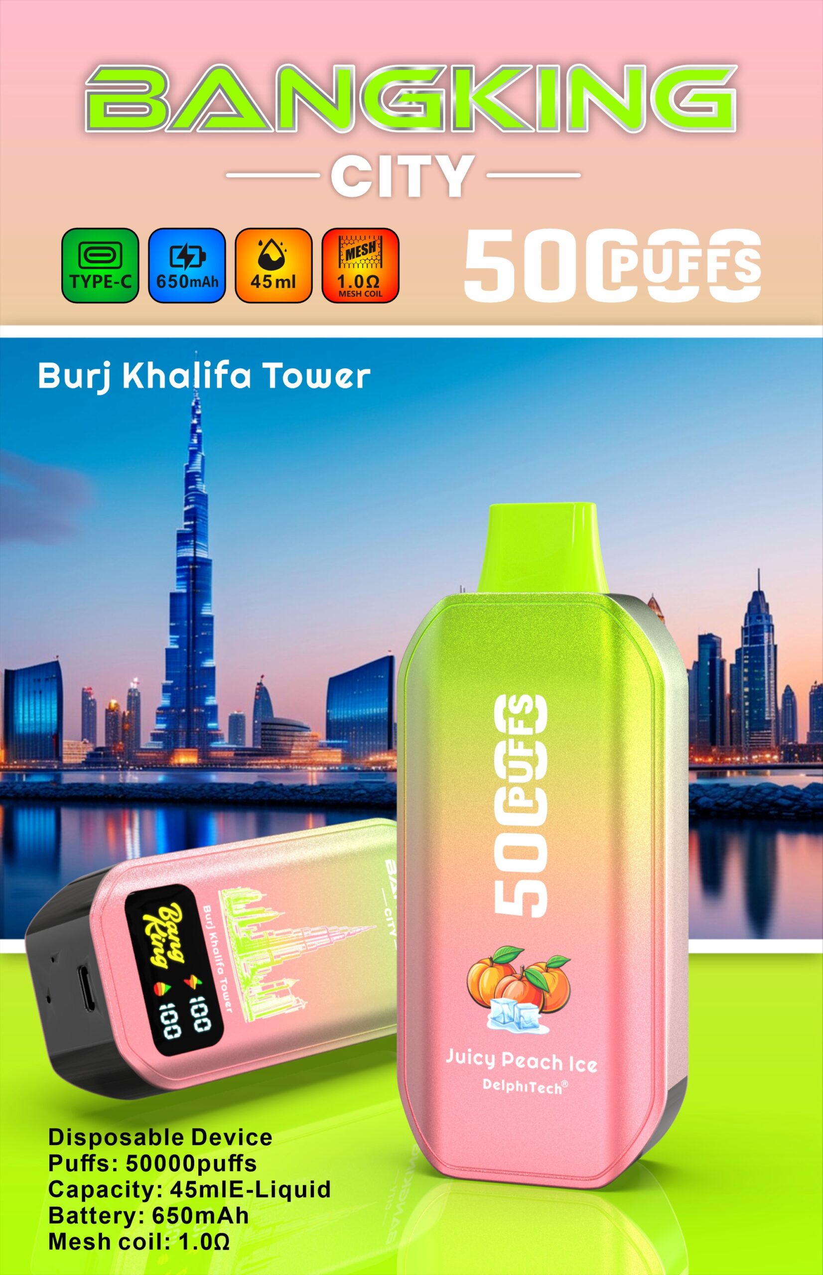 BANG KING CITY 50000 Puffs Disposable Vape – 45ml, Type-C Charging, 650mAh, 0–5% Nicotine, 12 Flavors1