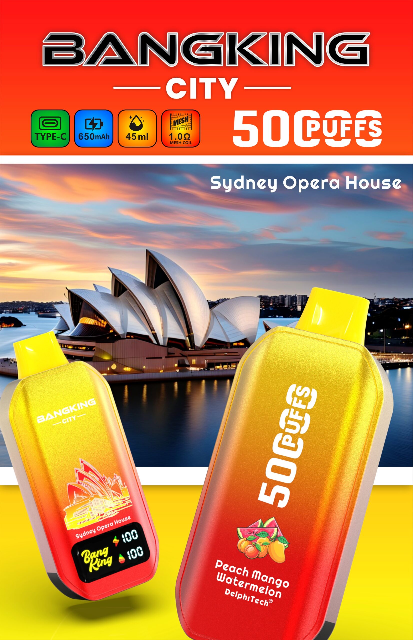 BANG KING CITY 50000 Puffs Disposable Vape – 45ml, Type-C Charging, 650mAh, 0–5% Nicotine, 12 Flavors1