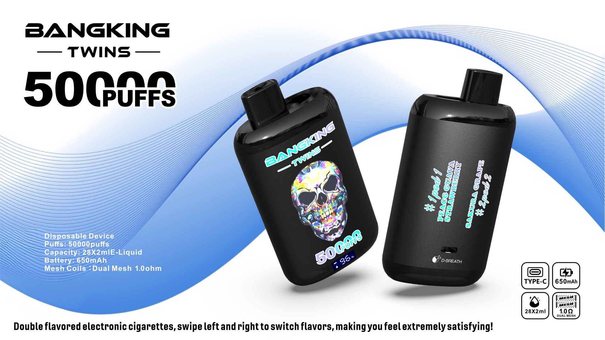 BANG KING TWINS 50000 Puffs Vape – Dual Mesh Coil, Type-C, 12 Flavors, 650mAh Battery1