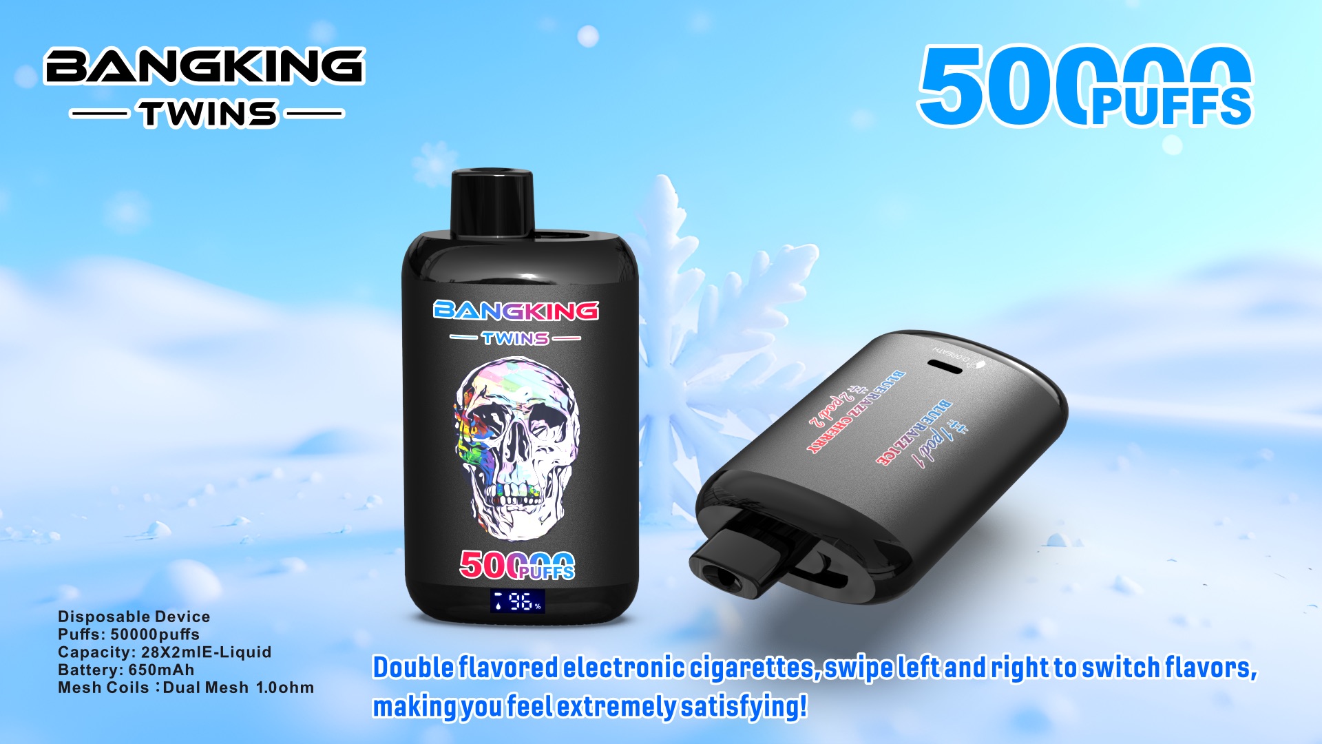 BANG KING TWINS 50000 Puffs Vape – Dual Mesh Coil, Type-C, 12 Flavors, 650mAh Battery1