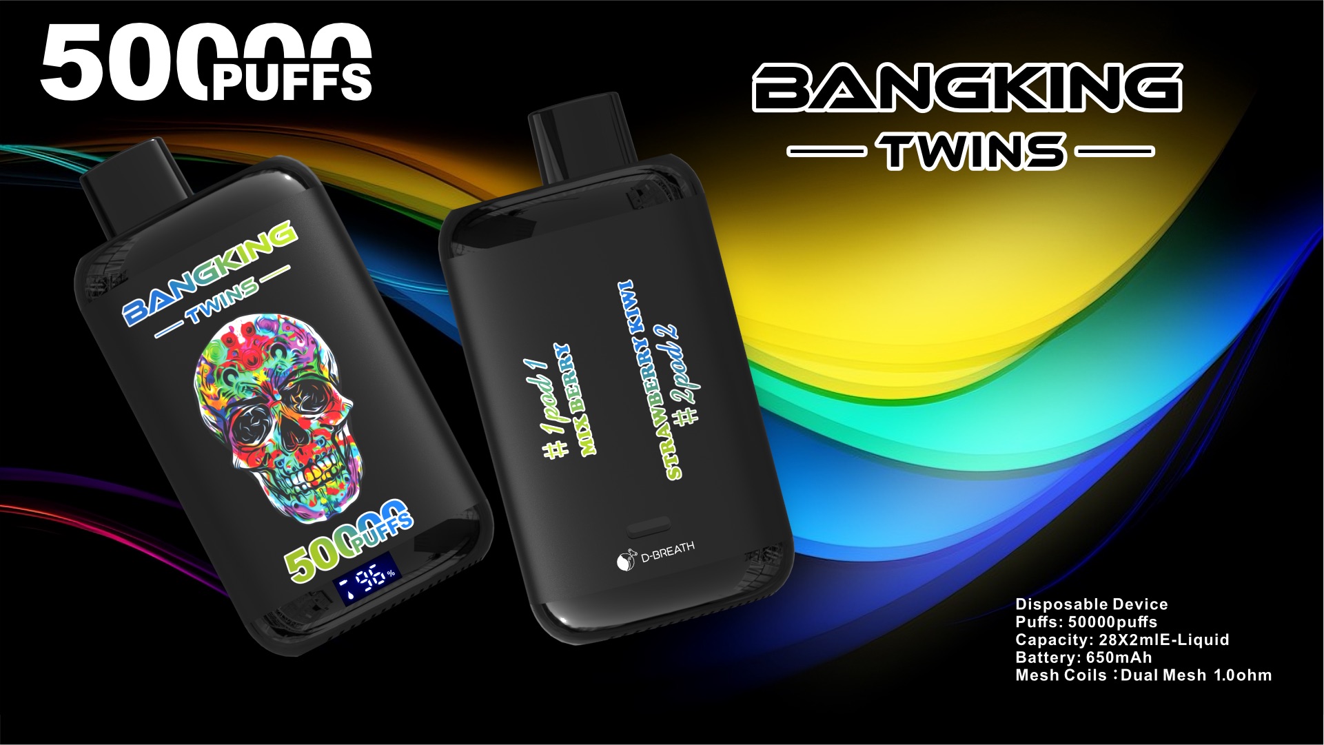 BANG KING TWINS 50000 Puffs Vape – Dual Mesh Coil, Type-C, 12 Flavors, 650mAh Battery1