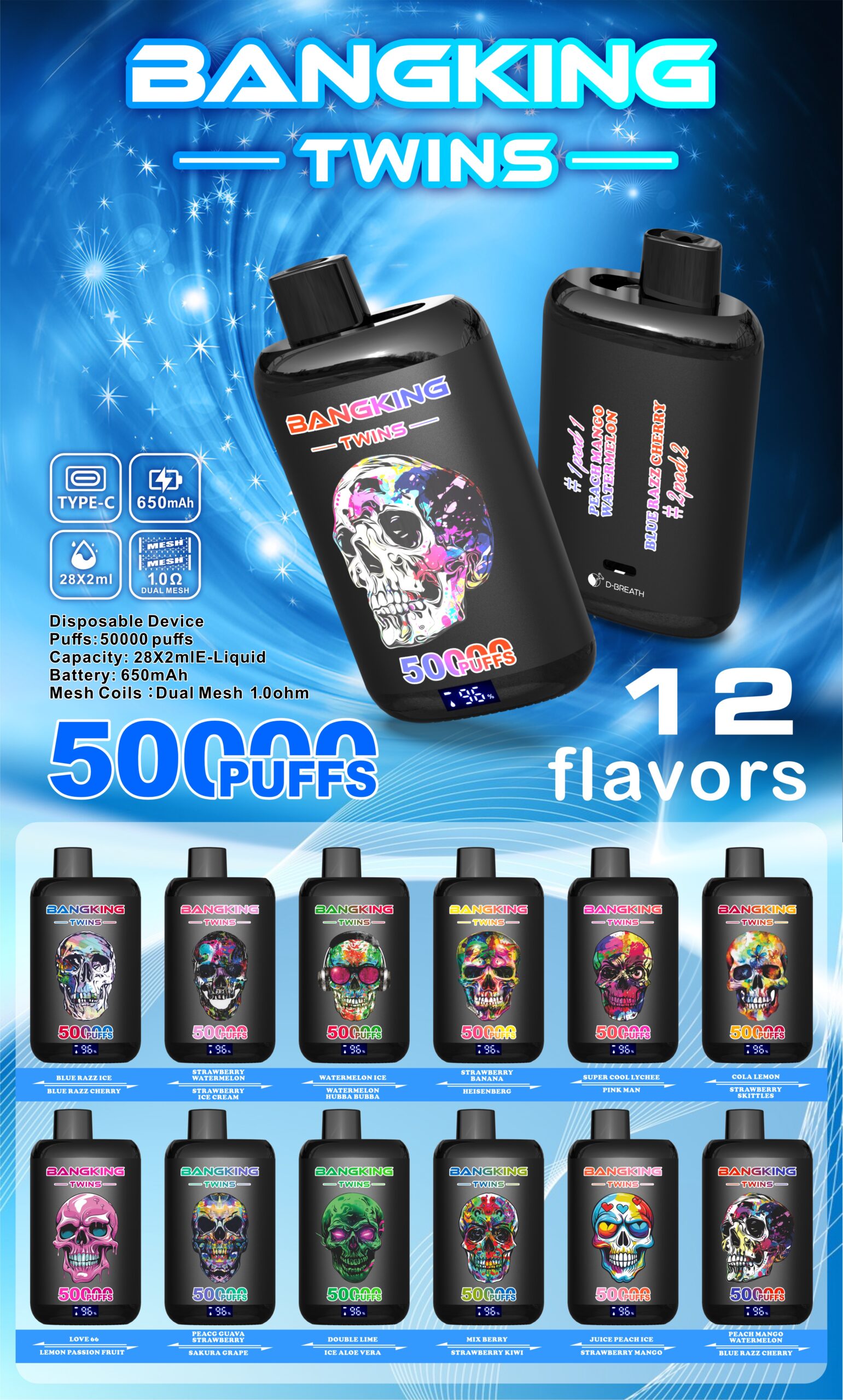 BANG KING TWINS 50000 Puffs Vape – Dual Mesh Coil, Type-C, 12 Flavors, 650mAh Battery1