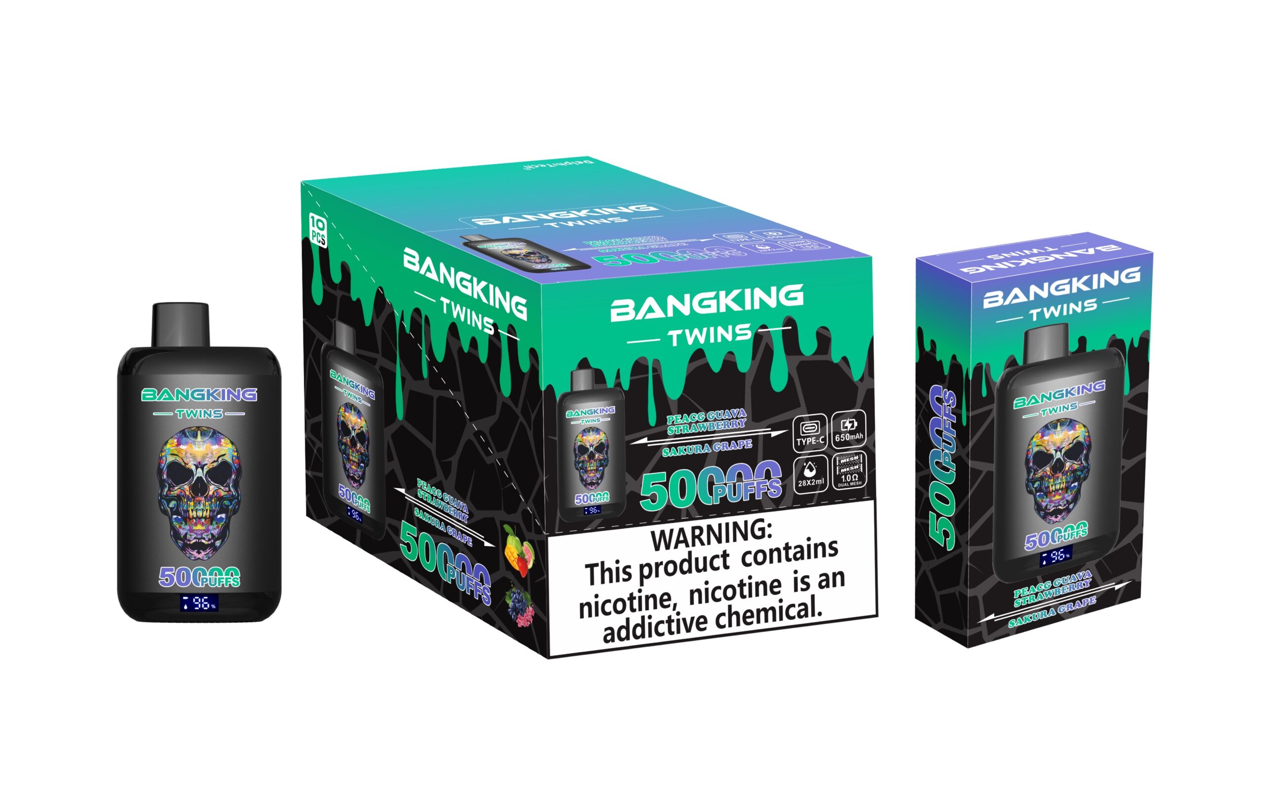 BANG KING TWINS 50000 Puffs Vape – Dual Mesh Coil, Type-C, 12 Flavors, 650mAh Battery1