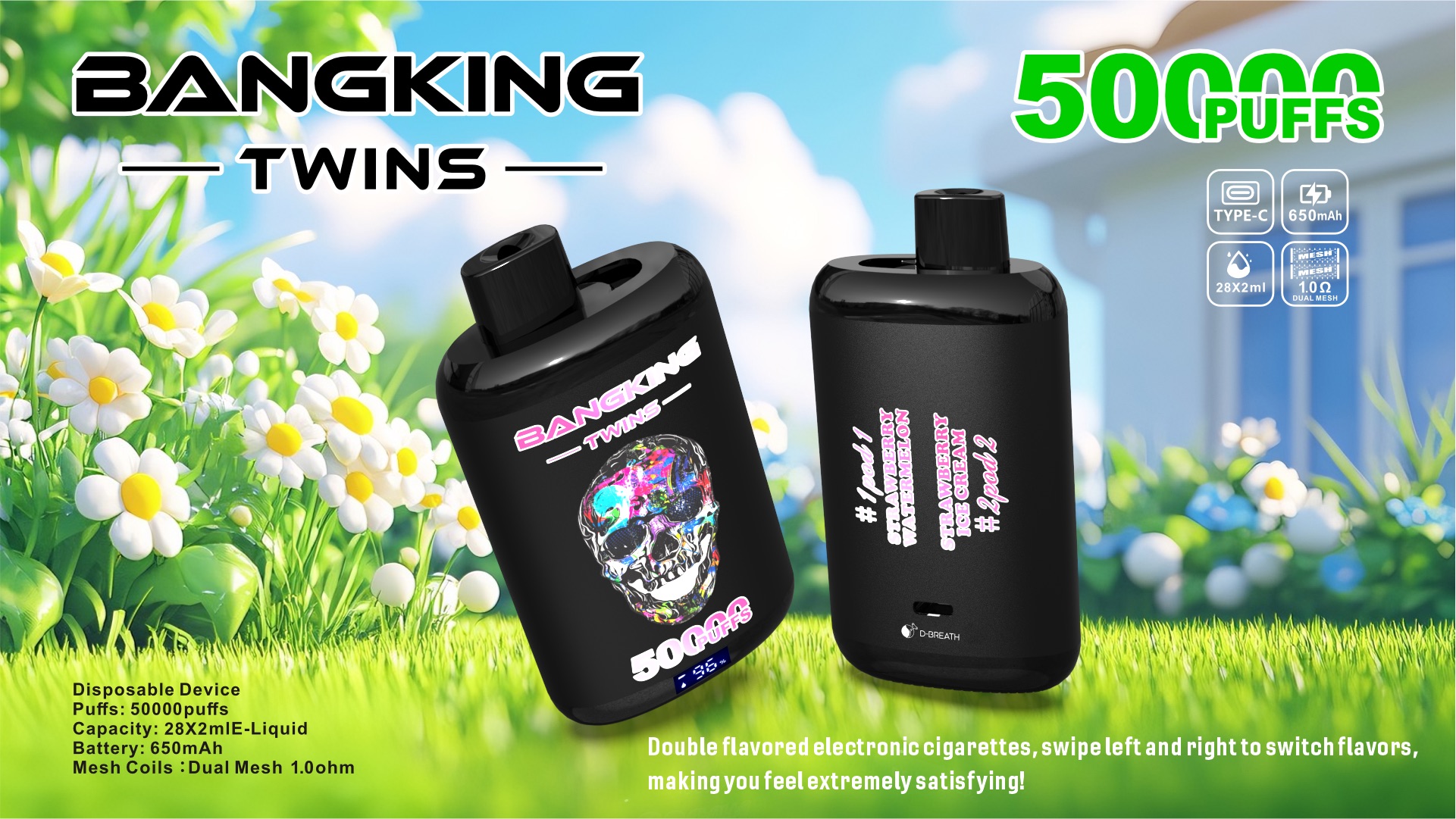 BANG KING TWINS 50000 Puffs Vape – Dual Mesh Coil, Type-C, 12 Flavors, 650mAh Battery1
