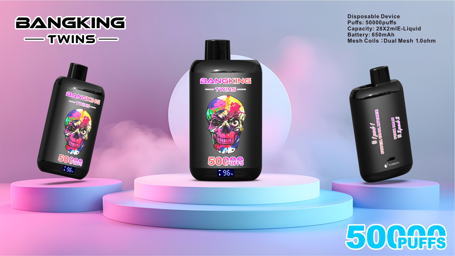 BANG KING TWINS 50000 Puffs Vape – Dual Mesh Coil, Type-C, 12 Flavors, 650mAh Battery1