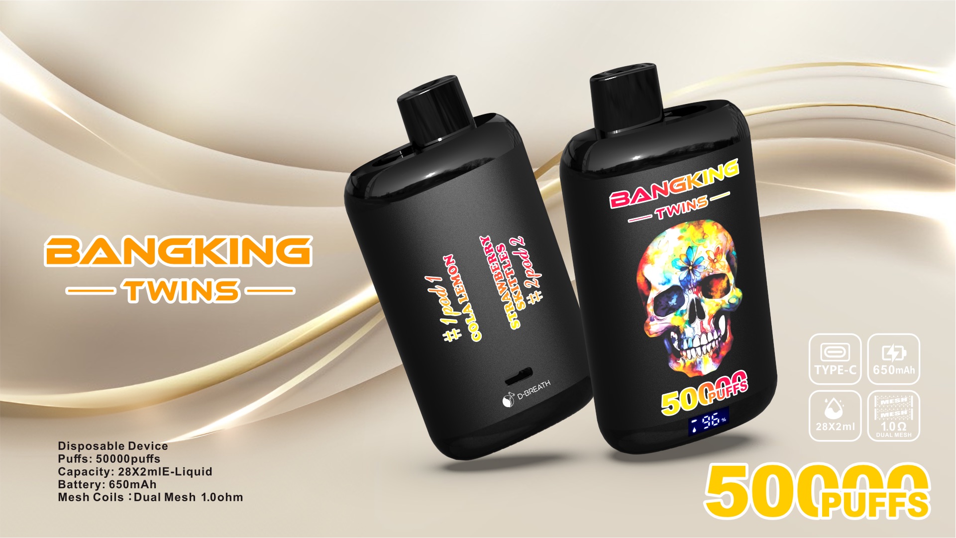 BANG KING TWINS 50000 Puffs Vape – Dual Mesh Coil, Type-C, 12 Flavors, 650mAh Battery1