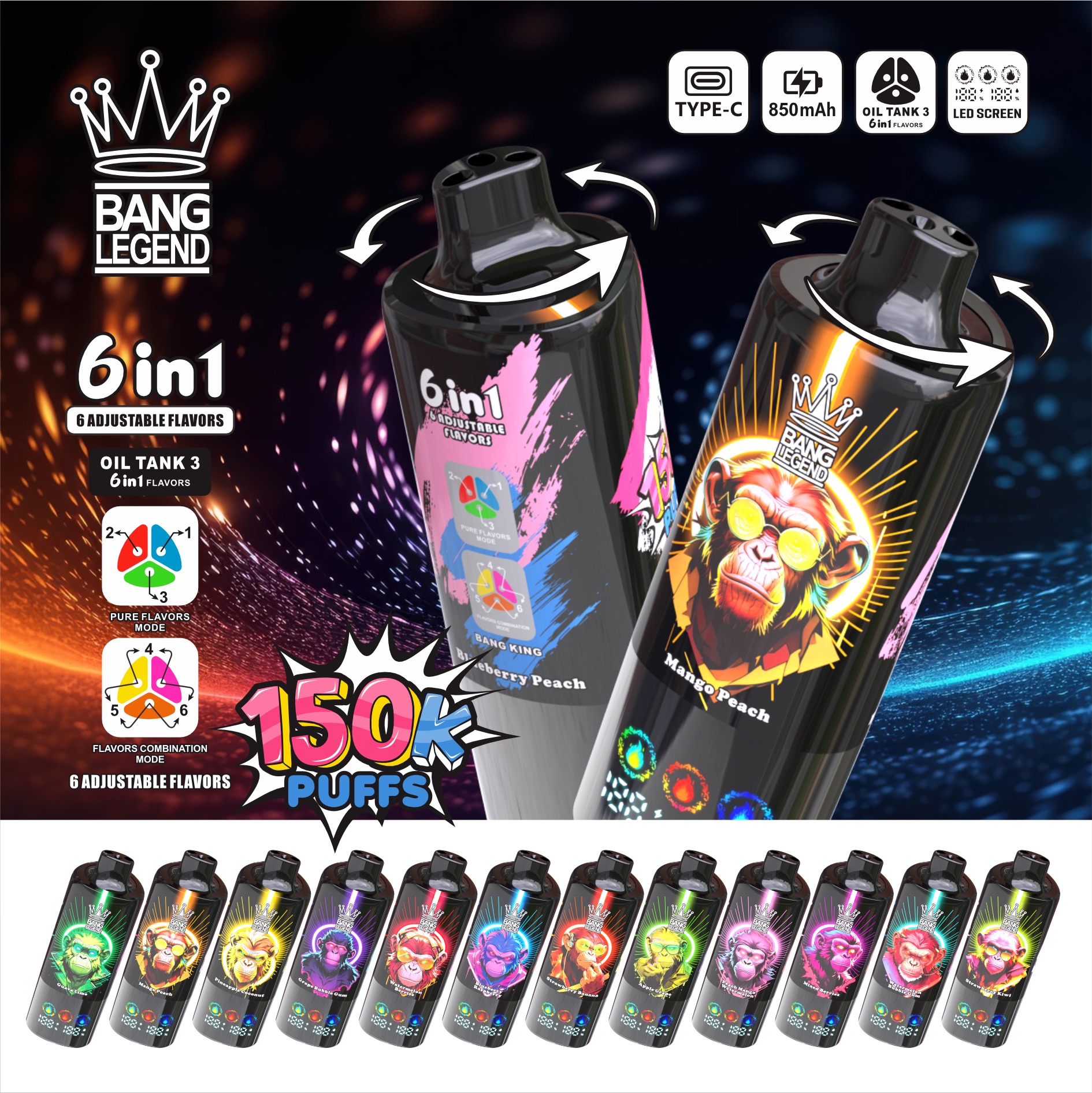 BANG LEGEND 150000 Puffs Disposable Vape – 6-in-1 Flavor, Mesh Coil, Type-C Rechargeable1