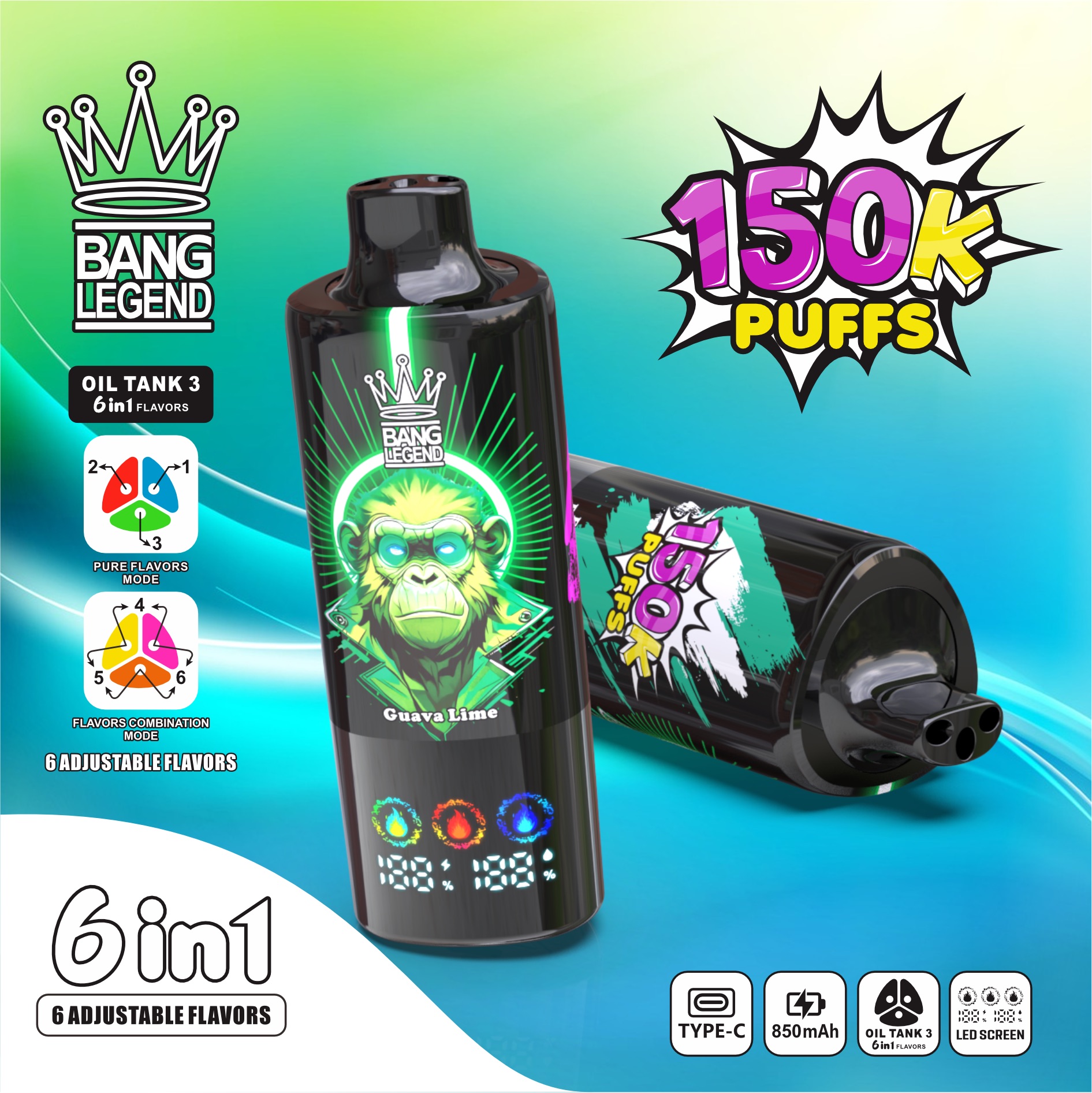 BANG LEGEND 150000 Puffs Disposable Vape – 6-in-1 Flavor, Mesh Coil, Type-C Rechargeable1