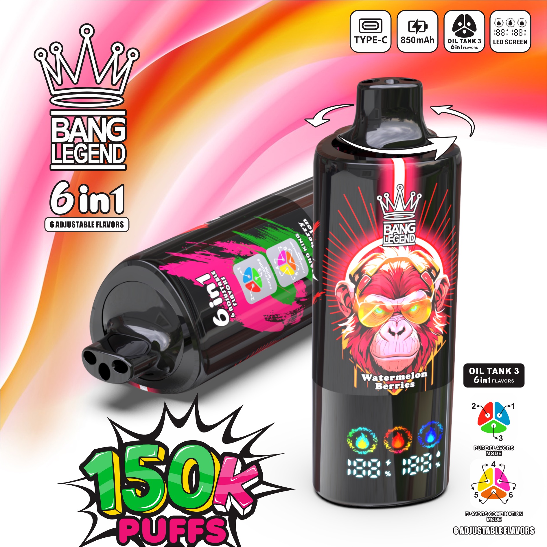 BANG LEGEND 150000 Puffs Disposable Vape – 6-in-1 Flavor, Mesh Coil, Type-C Rechargeable1
