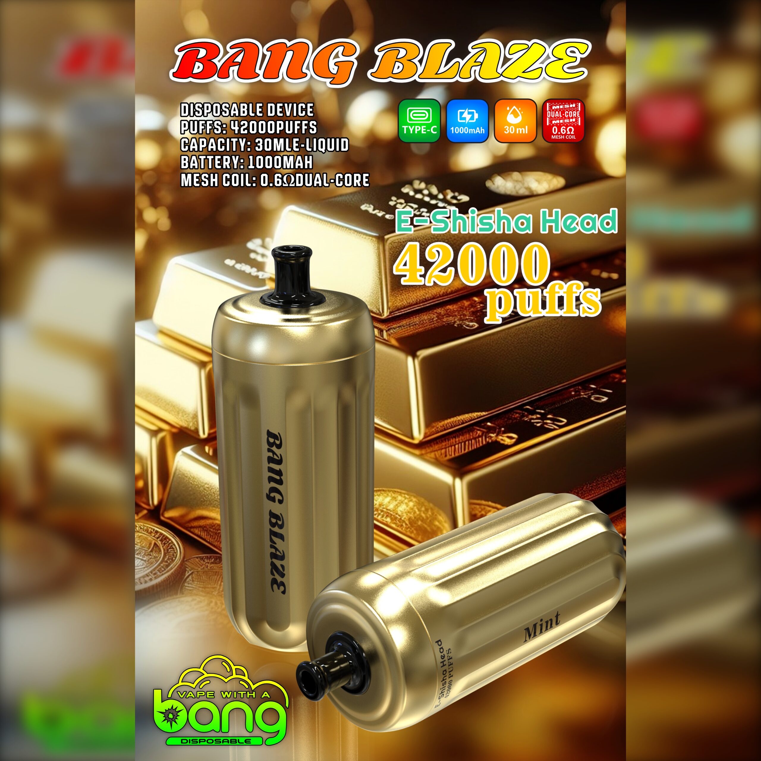 BANG Blaze 42000 Puffs Disposable Vape – 30mL, 1000mAh, Type-C Rechargeable, 0.6Ω Mesh Coil1