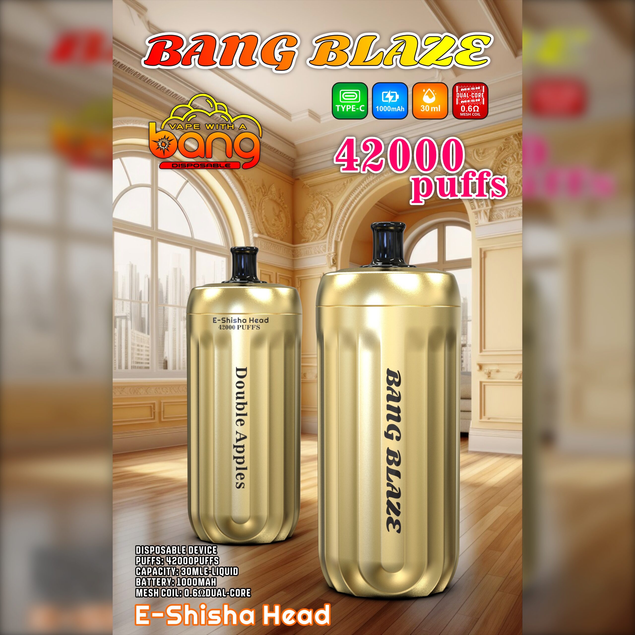 BANG Blaze 42000 Puffs Disposable Vape – 30mL, 1000mAh, Type-C Rechargeable, 0.6Ω Mesh Coil1
