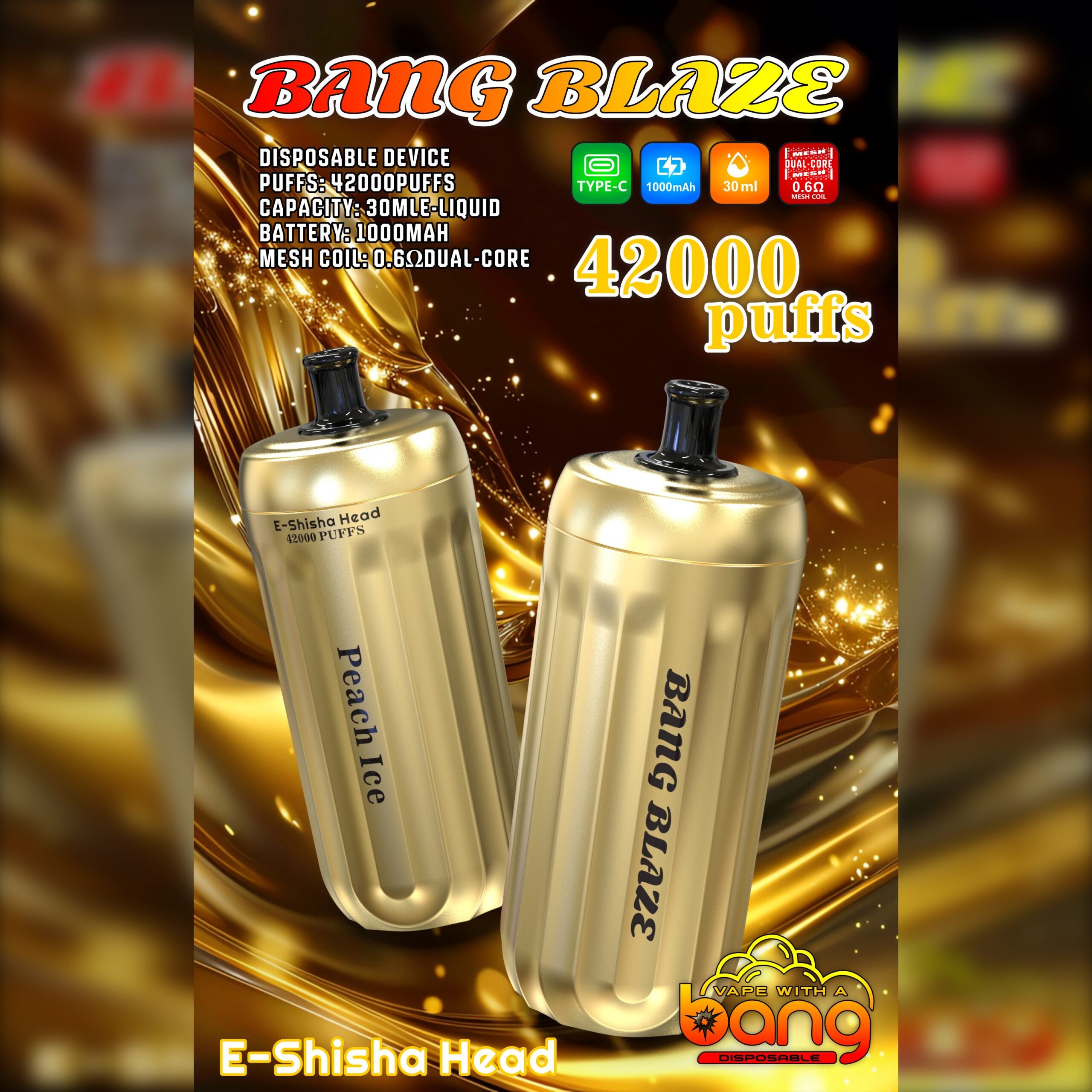 BANG Blaze 42000 Puffs Disposable Vape – 30mL, 1000mAh, Type-C Rechargeable, 0.6Ω Mesh Coil1
