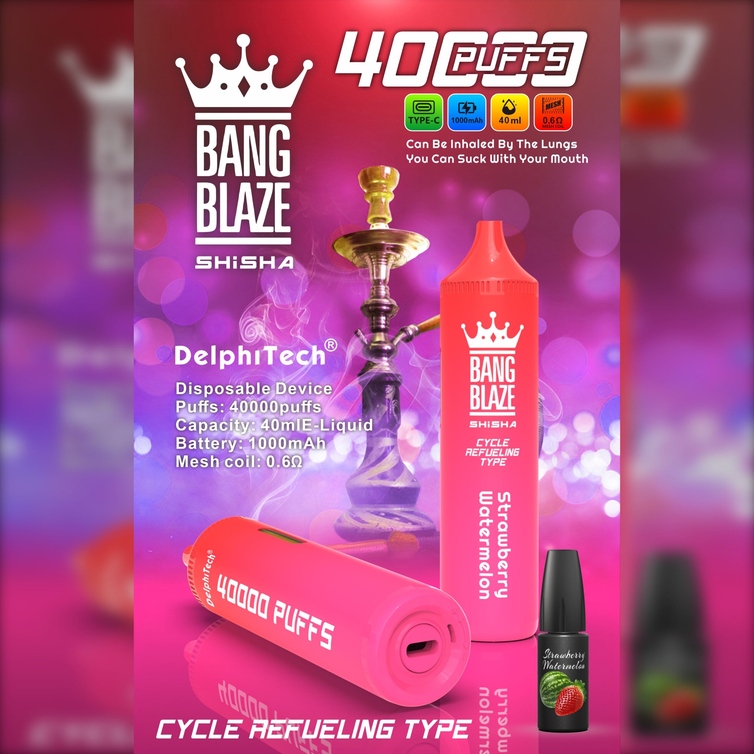 BANGBLAZE 40000 Puffs Disposable Vape BK40– 40mL, 1000mAh, Type-C Rechargeable