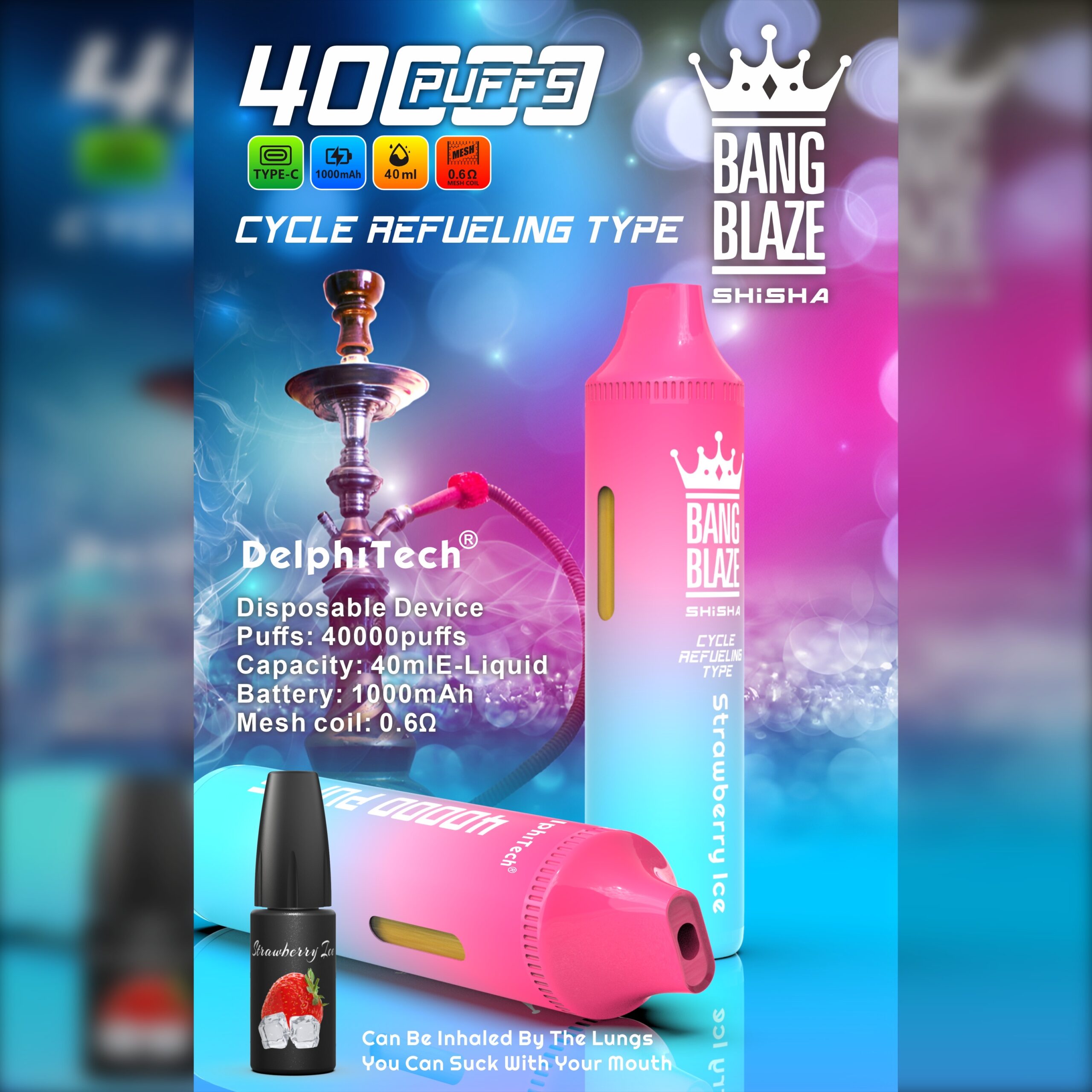 BANGBLAZE 40000 Puffs Disposable Vape BK40– 40mL, 1000mAh, Type-C Rechargeable