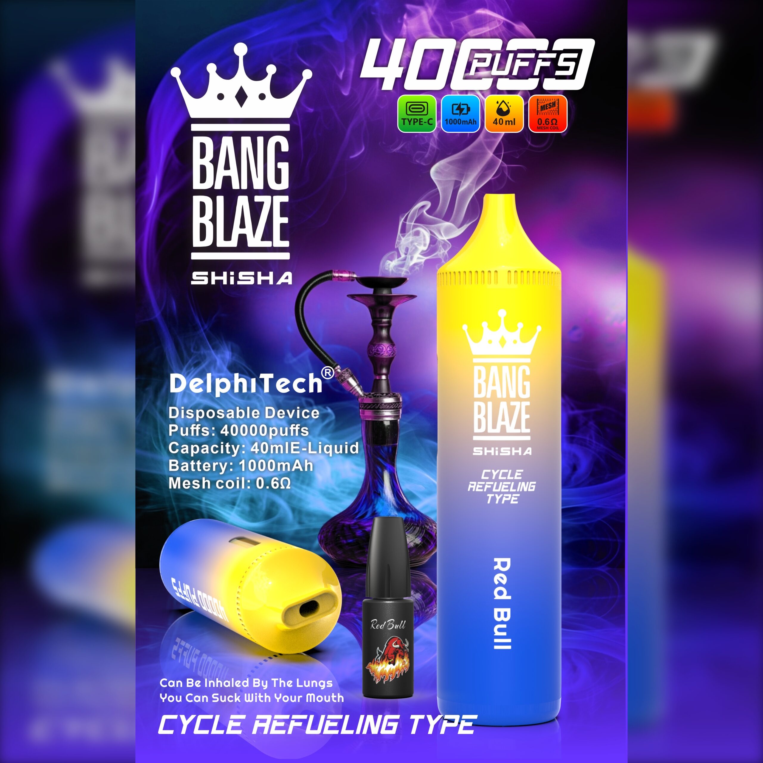 BANGBLAZE 40000 Puffs Disposable Vape BK40– 40mL, 1000mAh, Type-C Rechargeable