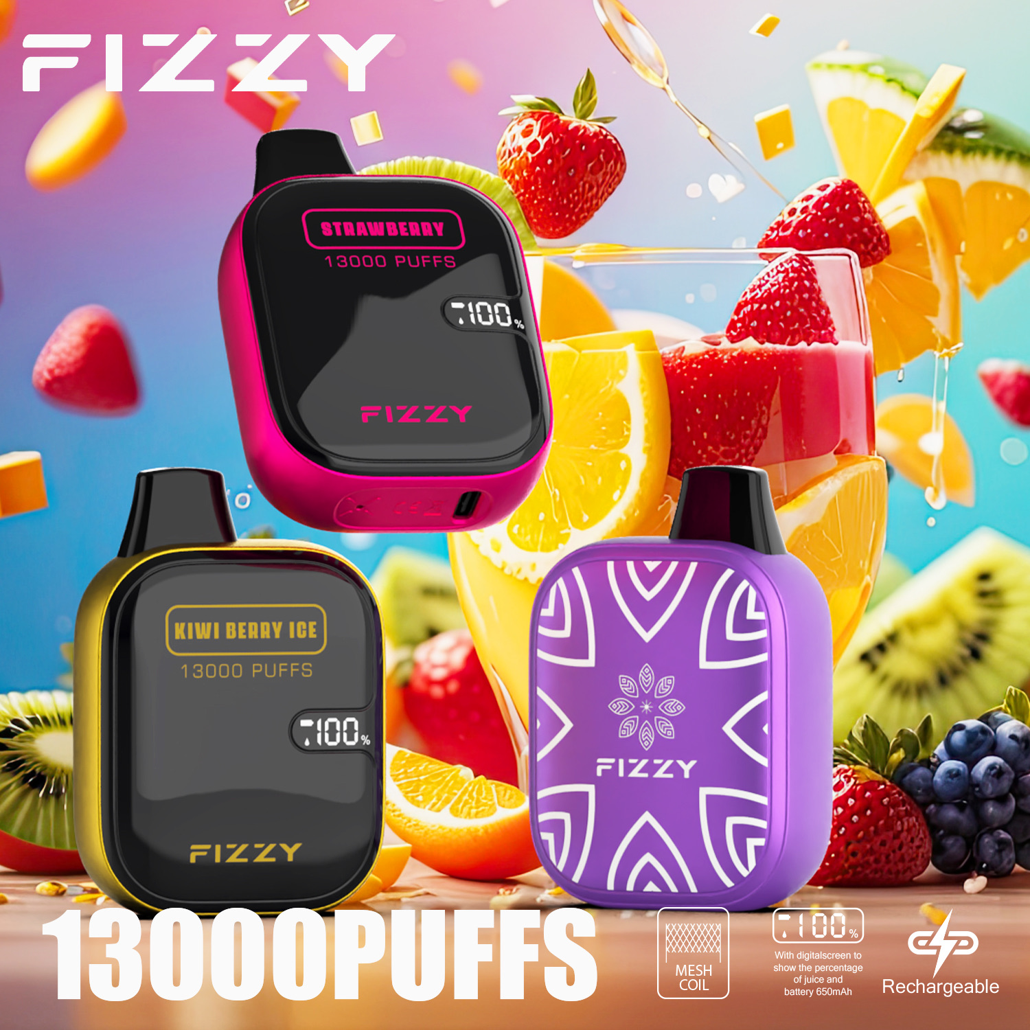 Fizzy Boom 13000 Puffs Disposable Vape – Mesh Coil, Rechargeable Type-C, LCD Screen