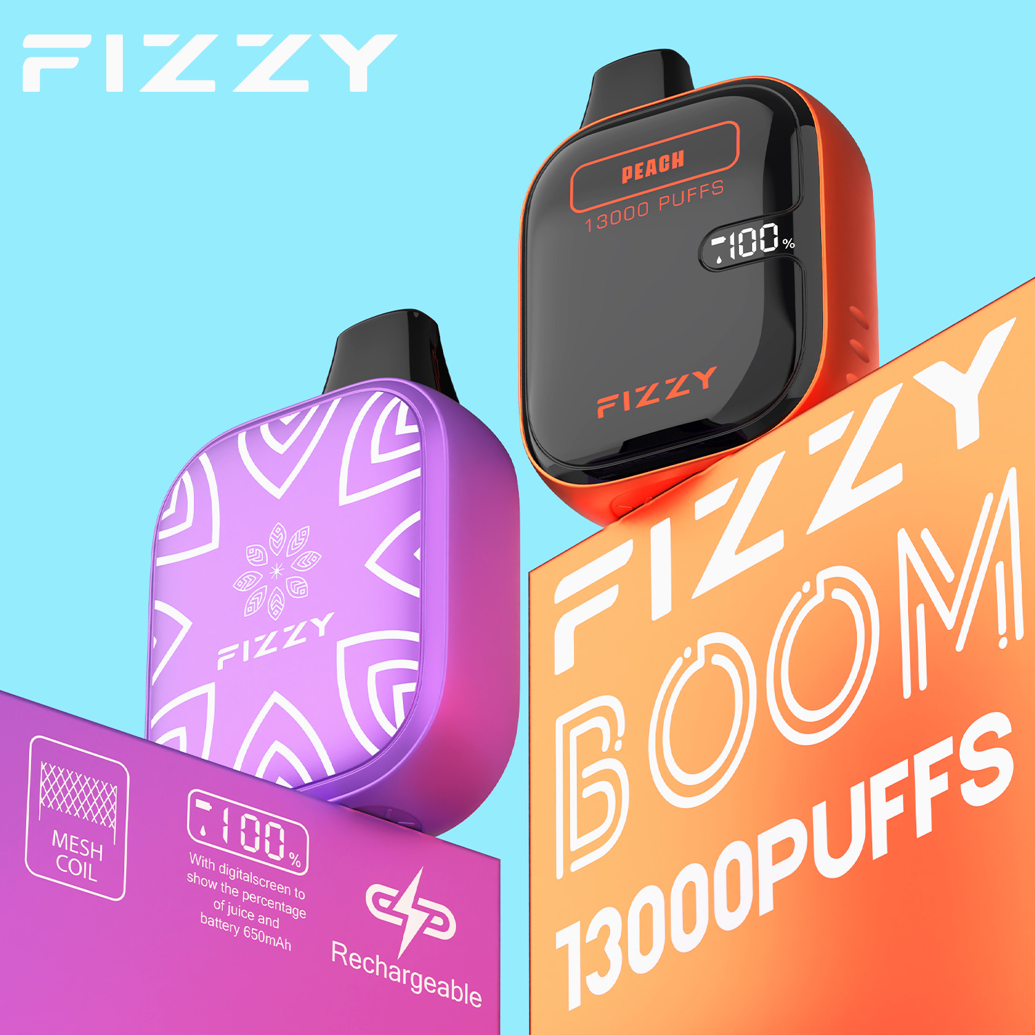 Fizzy Boom 13000 Puffs Disposable Vape – Mesh Coil, Rechargeable Type-C, LCD Screen