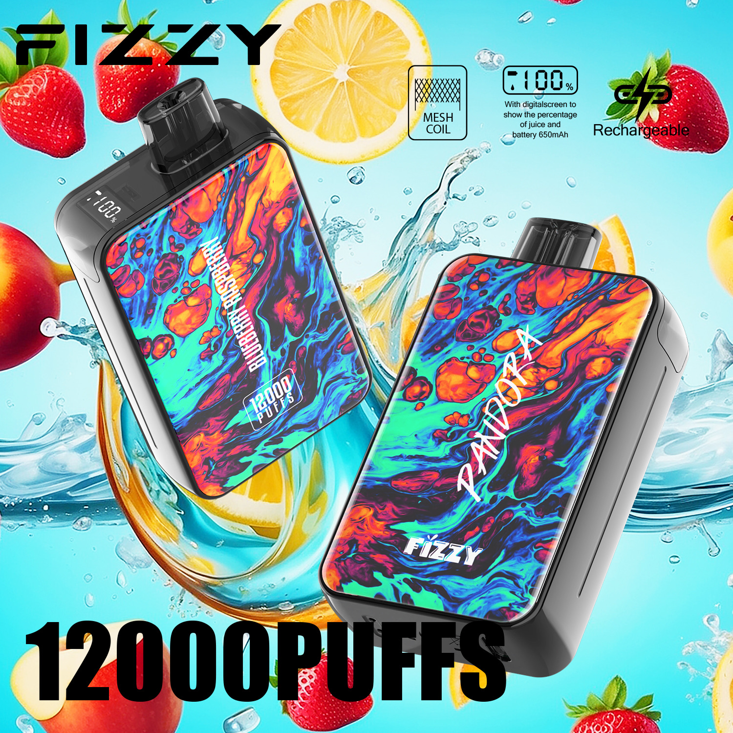 Fizzy Pandora 12000 Puffs Disposable Vape – Mesh Coil, 650mAh Rechargeable Battery, LED Display, Type-C Charging