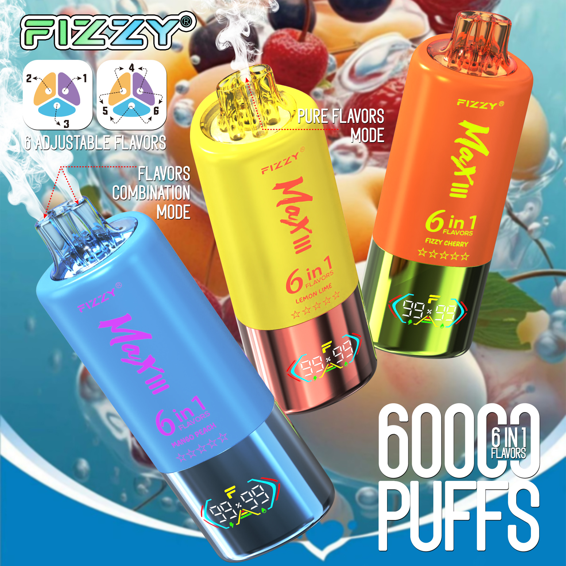 Max III 60000 Puffs Disposable Vape – Mesh Coil, 6-in-1, Rechargeable, LED Screen