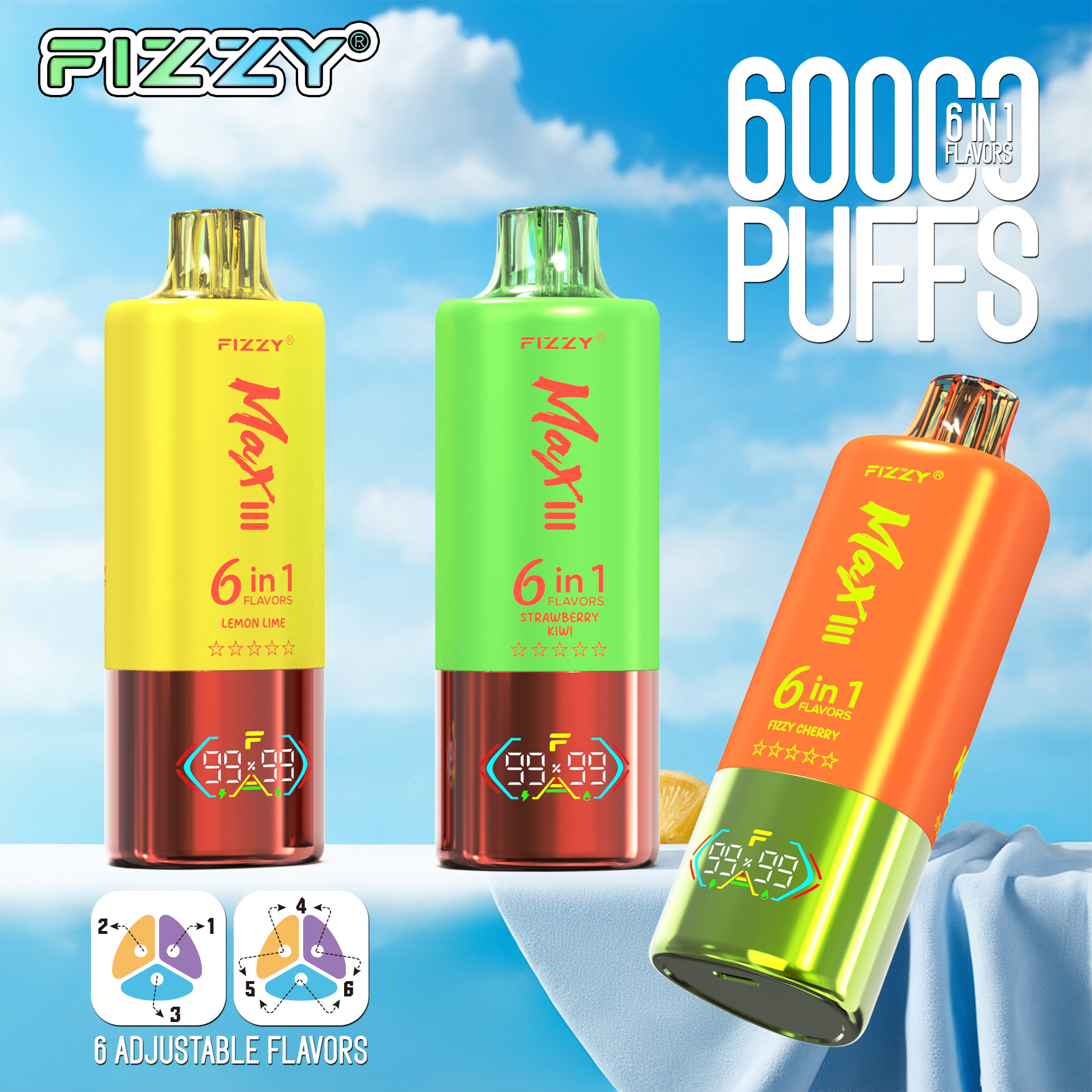 Max III 60000 Puffs Disposable Vape – Mesh Coil, 6-in-1, Rechargeable, LED Screen