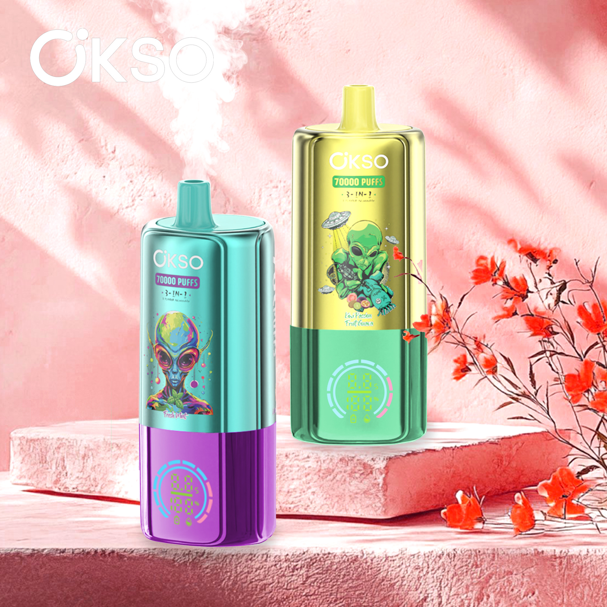 OKSO 3-in-1 70000 Puffs Disposable Vape – Triple Mesh Coil, 48ml E-Liquid, 650mAh Battery, Type-C Rechargeable, LED Display