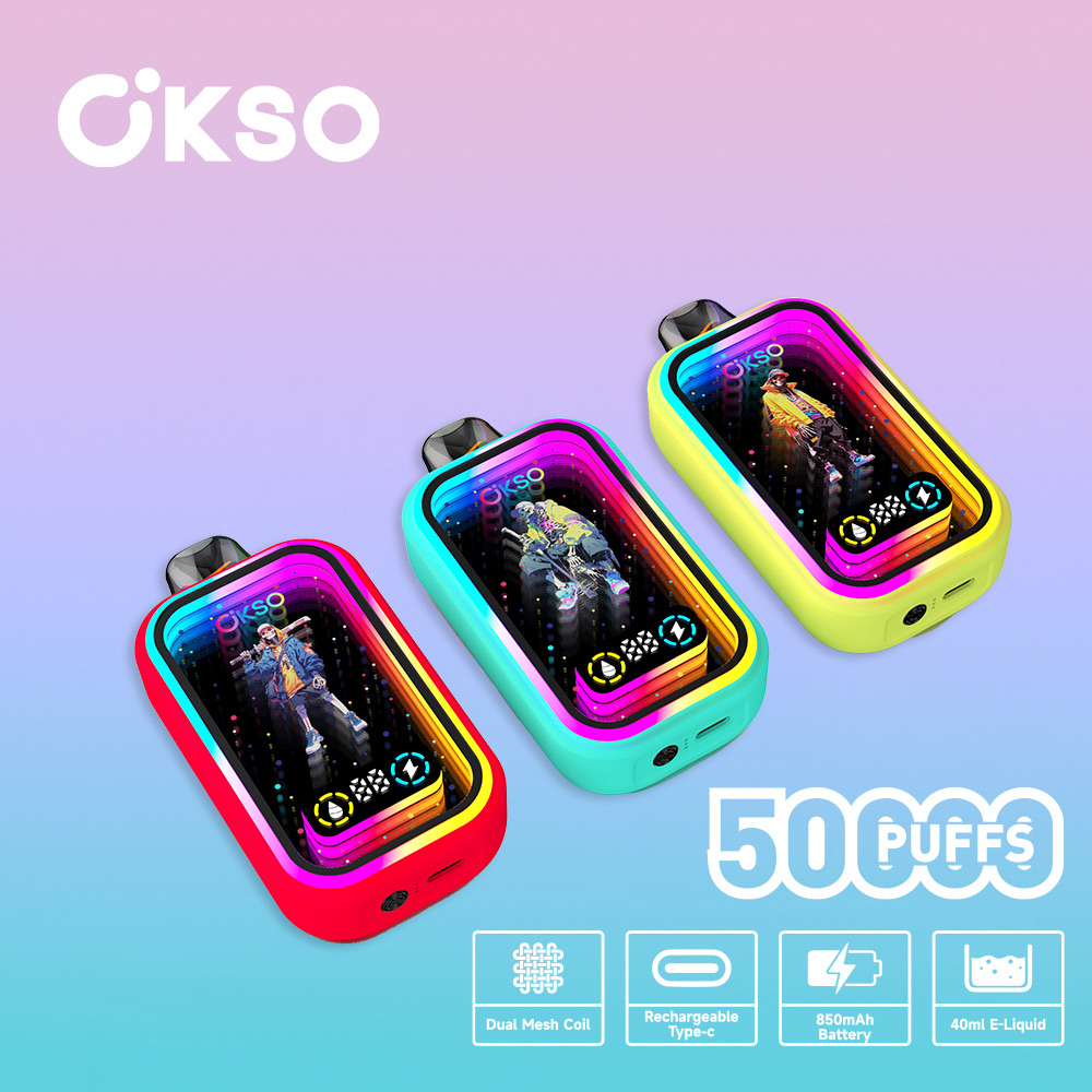 OKSO Magic Mirror 50,000 Puffs Disposable Vape – Dual Mesh Coil, RGB LED, Child Lock, Type-C Rechargeable