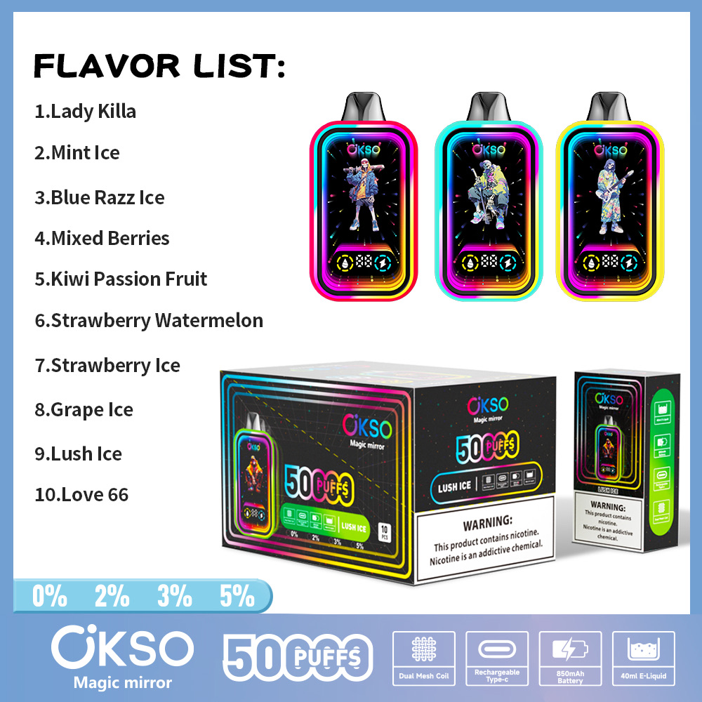 OKSO Magic Mirror 50,000 Puffs Disposable Vape – Dual Mesh Coil, RGB LED, Child Lock, Type-C Rechargeable